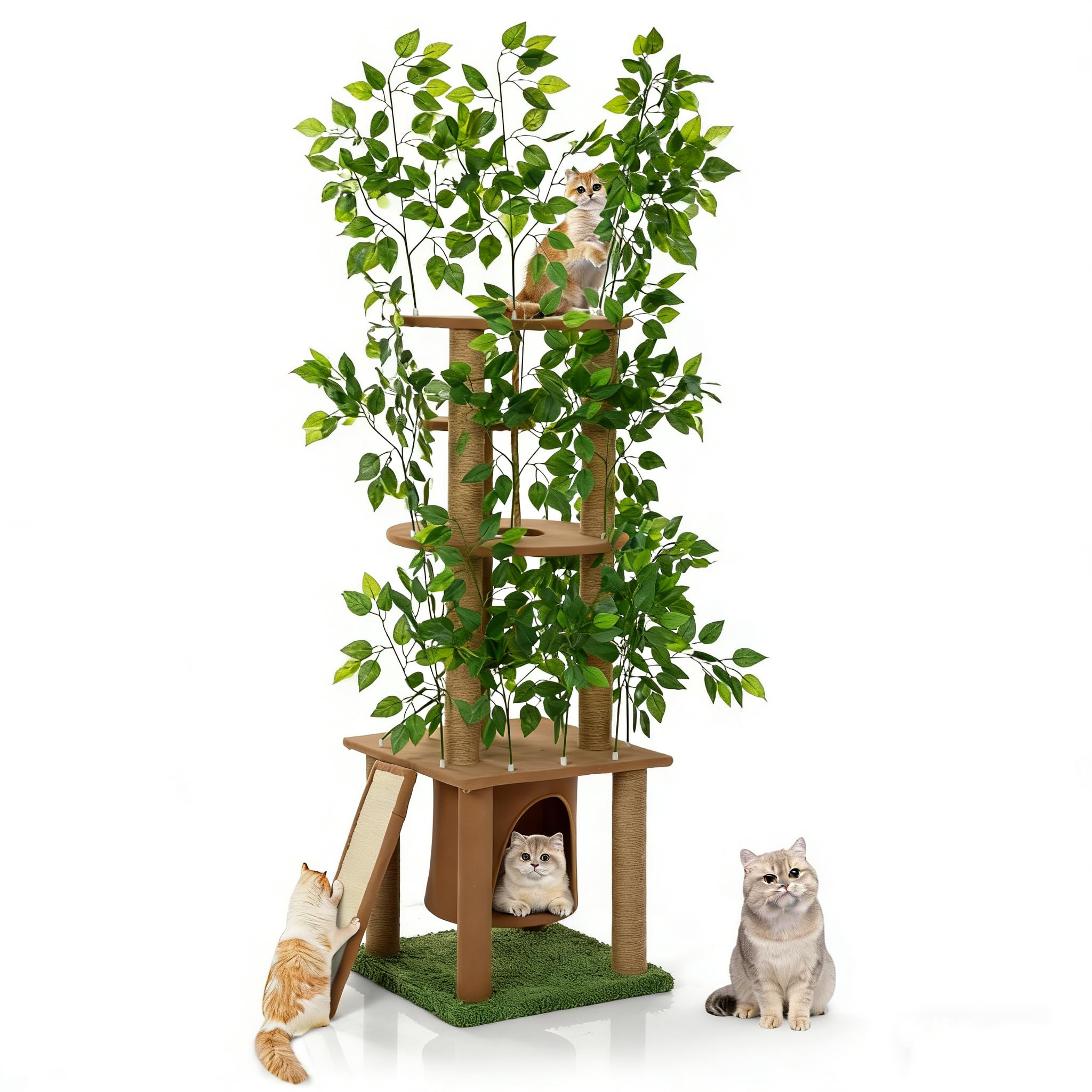 Ultra-haut arbre à chat à 5 niveaux (195 cm) - arbre à gratter en bois naturel avec plantes vertes artificielles, polyvalent pour le plaisir naturel de grimper