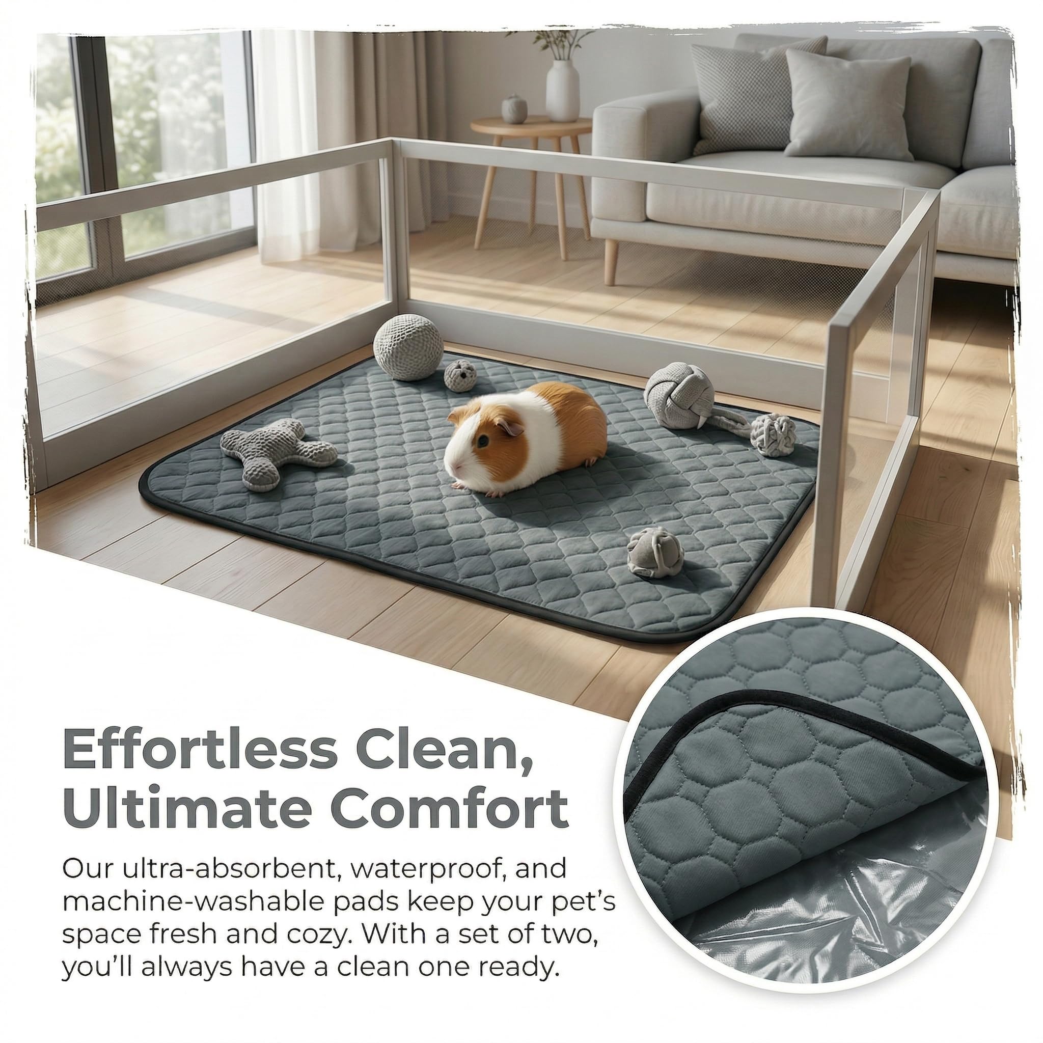Lot de 2 Tapis Pipi Cochon d'Inde Gris 60x120cm – Tapis Cage Absorbant Lavable et Imperméable pour Lapin et Petits Animaux