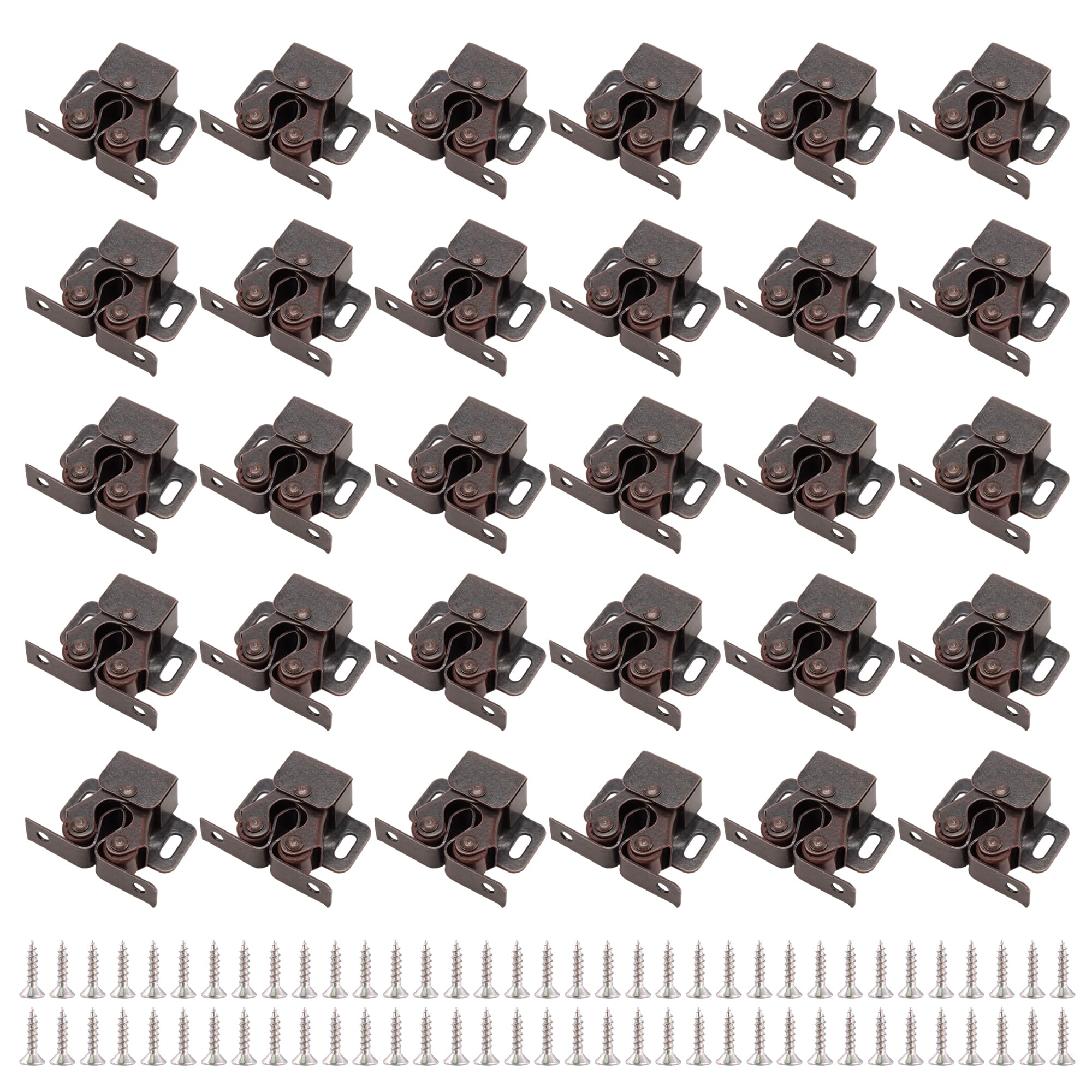 CHEUNGR 30 PCS Double Roller Catch, Cupboard Cabinet Door Latch Stainless Steel Twin Roller Closet Catches with 120 Screws for Wardrobe Furniture, Antique Bronzed