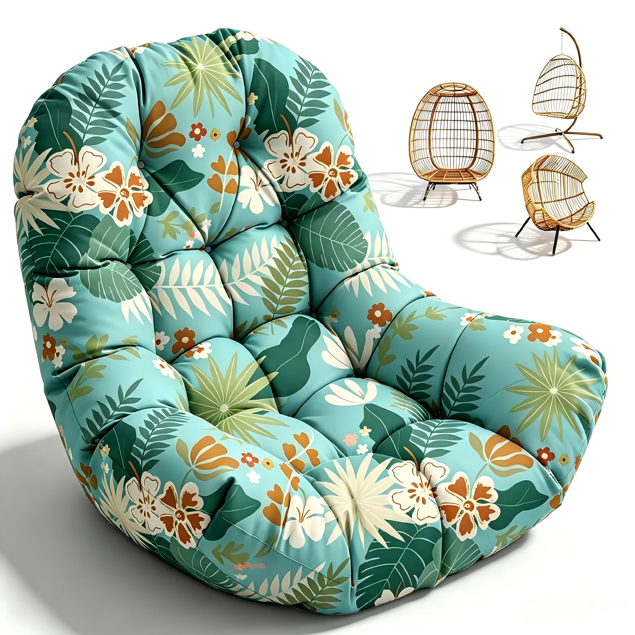 joomie Egg Swing Chair Cushion Replacement Waterproof 120x84x18 cm Thicken Outdoor Patio Hanging Basket Chair Cushions Removable Pad with Ties for Garden Cocoon Egg Hammock Chair, Cyan Flower