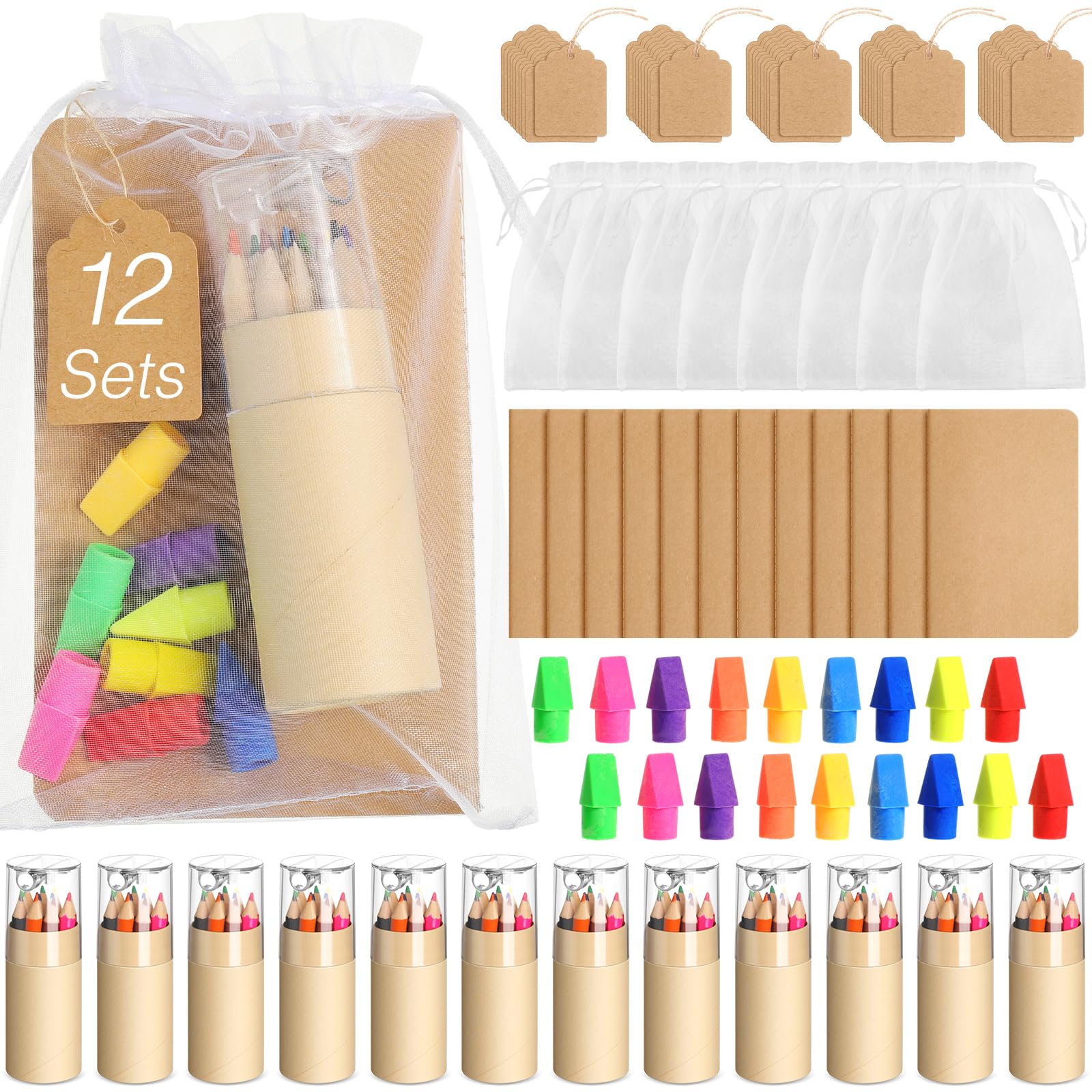 Skyygemm 12 Set Mini Colored Pencils Bulk with Sharpeners Party Favors Inspirational Rainbow Pencil Easter Gifts Mini Notebooks Erasers Cards and