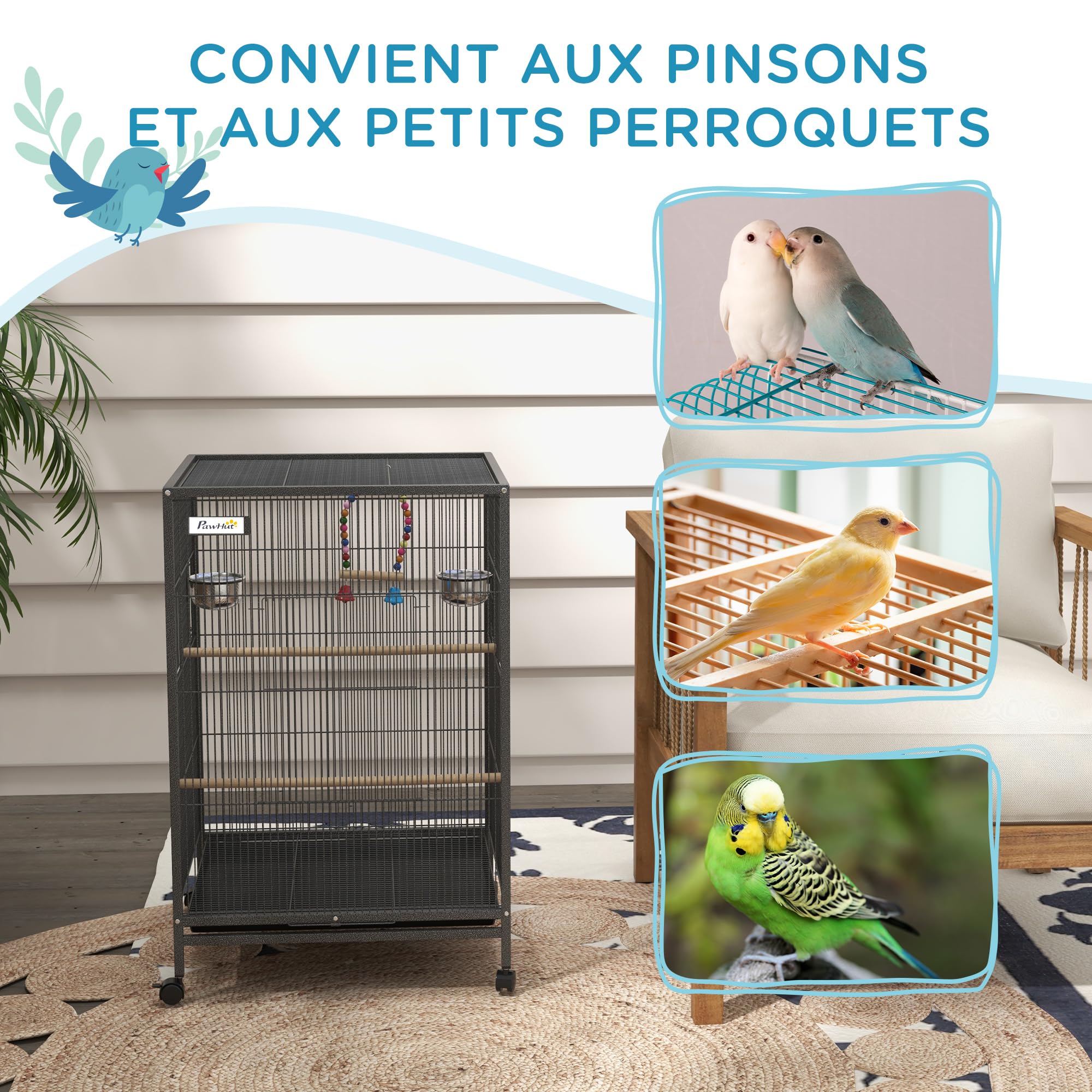 PawHut Cage à Oiseau sur Pied Cage sur roulettes avec balançoire, perchoirs, Portes, Bols et Plateau Coulissant, volière pour pinsons canaris inséparables, perruches 48 x 46 x 78 cm en Acier Noir