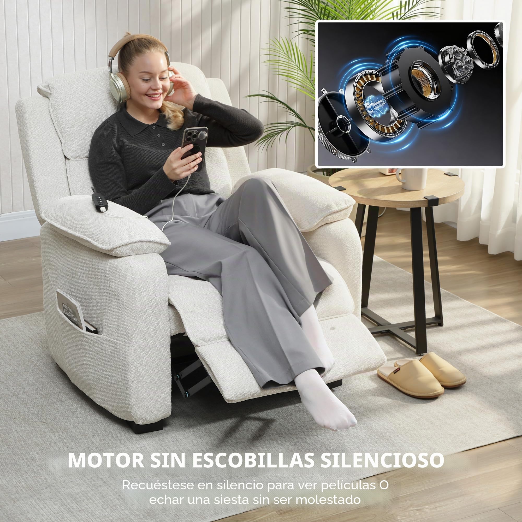 HOMCOM Sillón reclinable eléctrico con Puerto USB Crema | Reposapiés, Bolsillos laterales, Reposacabezas, Mando remoto, Motor silencioso, 2 posiciones de memoria, Sala cine en casa