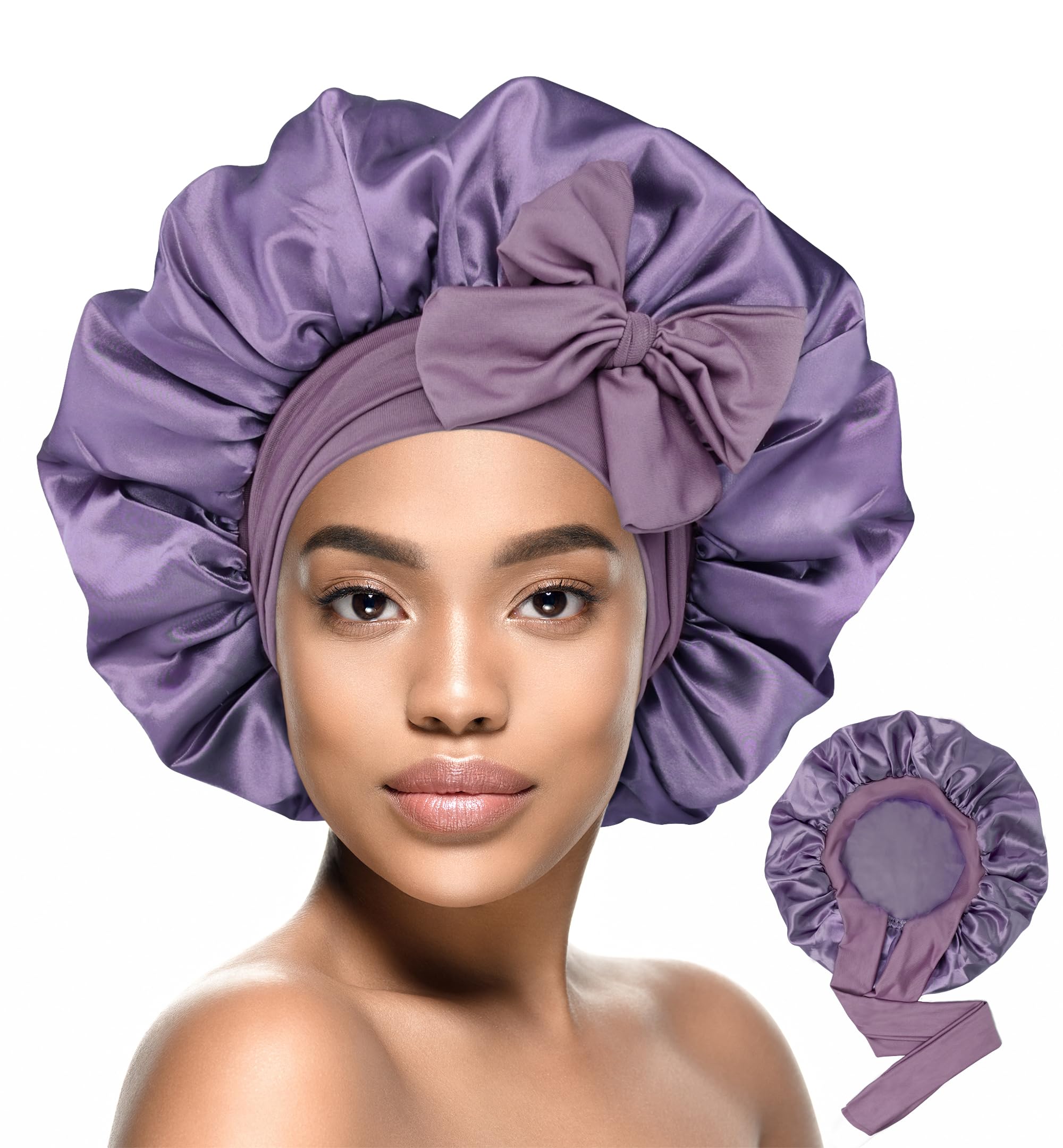 HiRui Silk Satin Bonnet for Sleeping Women, Double-Layer Sleep Cap Shower Cap with Adjustable Tie, Moisture Retaining Satin Lined Hair Bonnet for