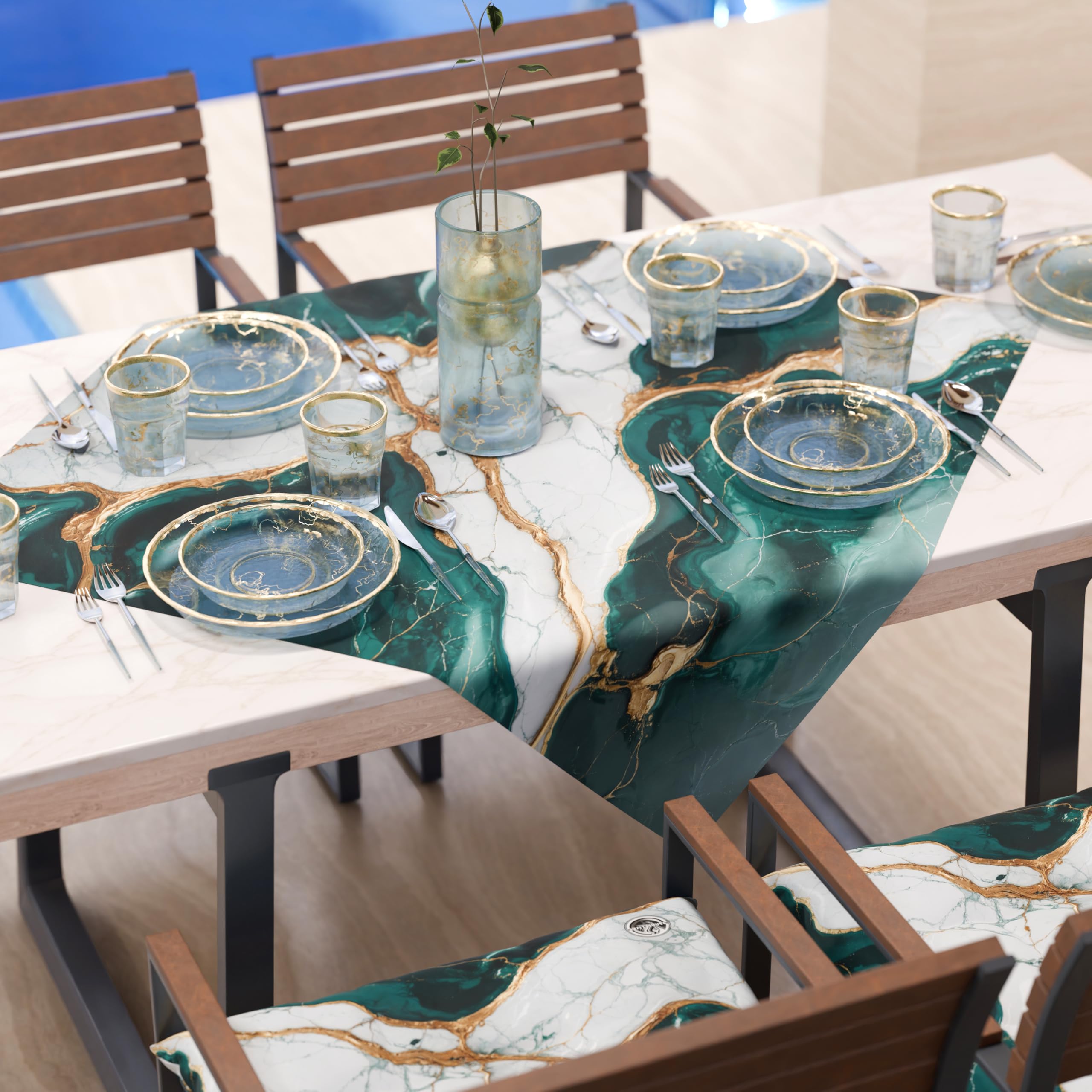 PETTI Artigiani Italiani - Modern Centerpiece Tablecloth with Teal Marble Effect, Kitchen Centerpiece, 90 x 90 cm, 100% Made in Italy