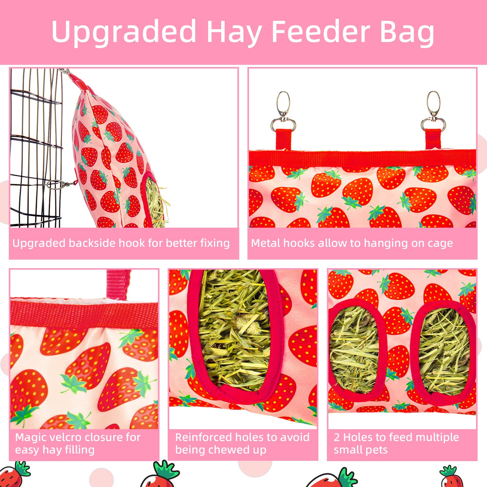 2Packs Large Rabbit Hay Feeder Bag, Upgraded Guinea Pig Hay Feeder with 3 Hooks, Chew Proof Washable Hay Bag for Rabbits Bunny Chinchilla Hamster, Mess Free Grass Holder 2 Holes, 9.8x11.4 Inch - image 5