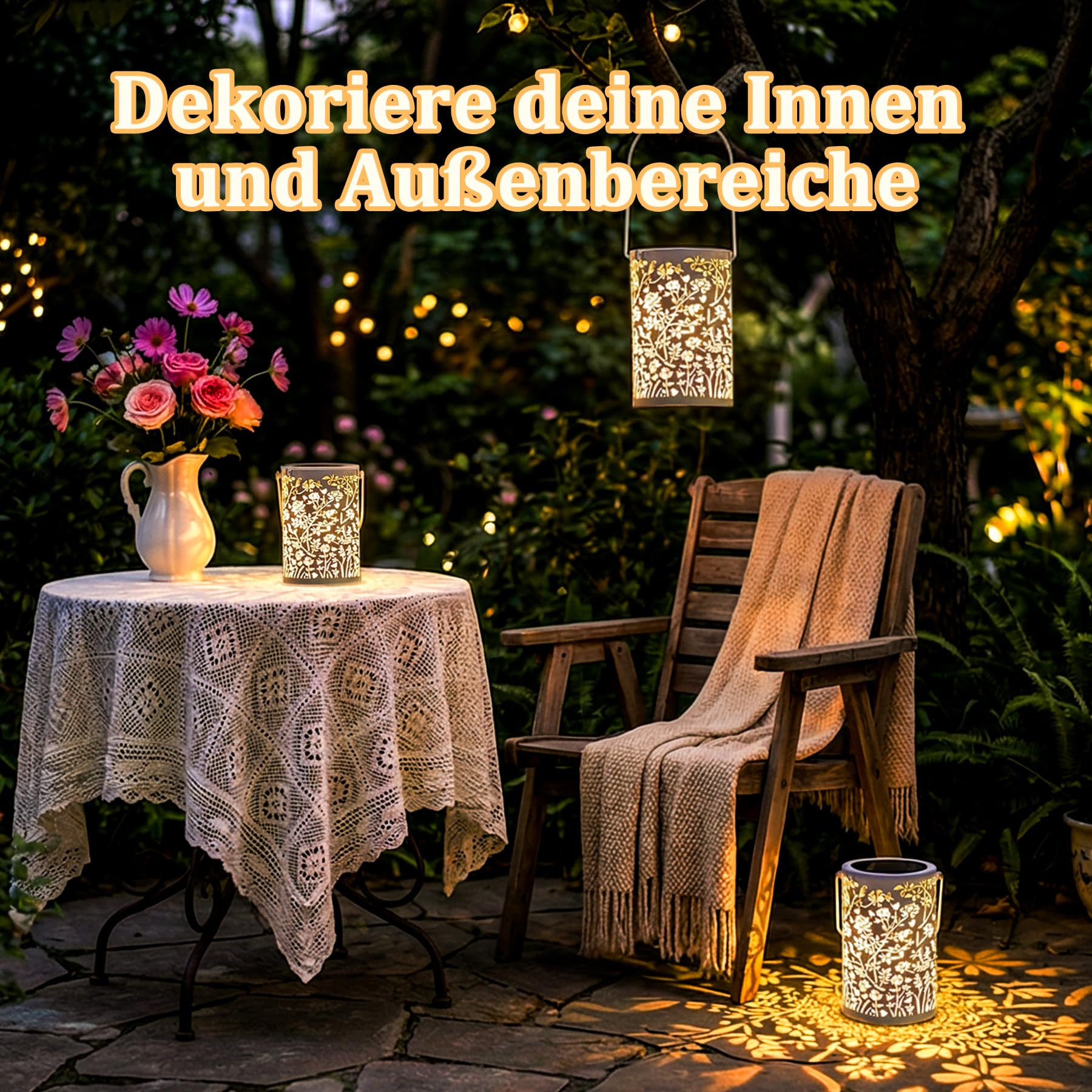 Görvitor Weiß Solarlampen für Außen Hängend 4 Stück, Vintage Solarlaterne für Außen Metall mit Blumen & Vogel Muster, Solar Laterne IP65 Wetterfest für Tisch Gartenweg Balkon Weihnachtsdeko