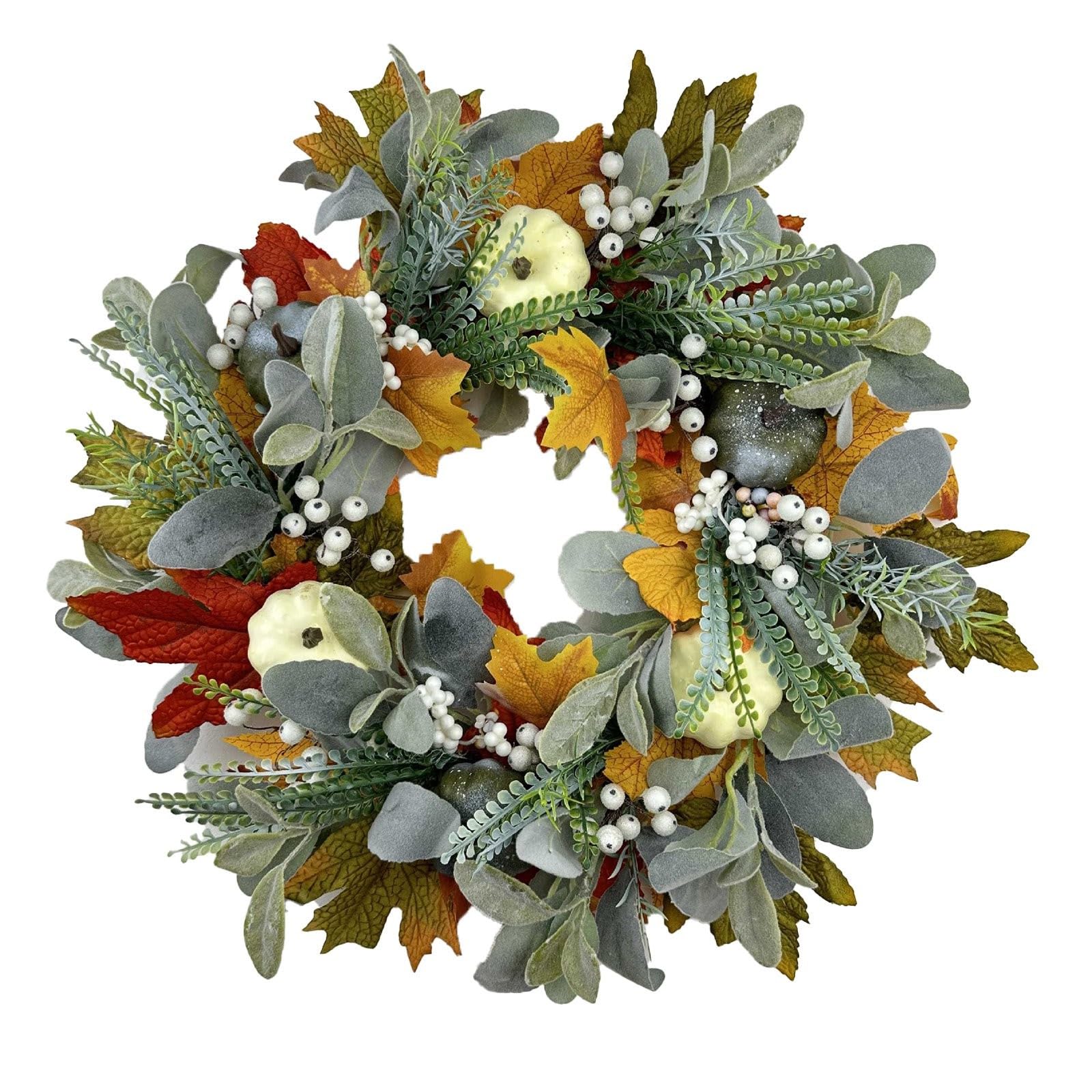 Grey Halloween Autumn Wreath White Pumpkin Festival Artificial Flowers Thanksgiving Wreath Maple Leaf Simulation Door Decoration Fall Wreathes For Doors (, One Size)