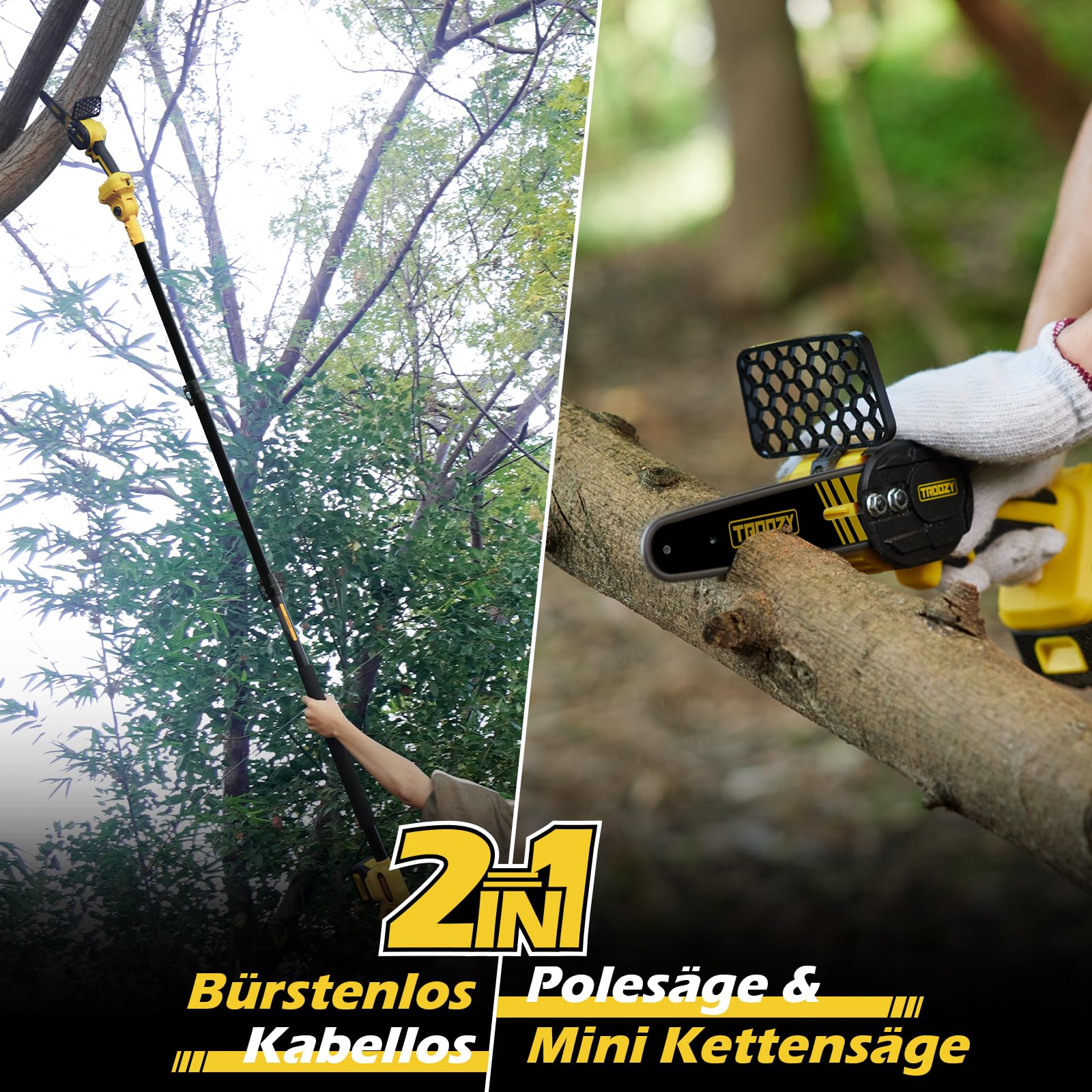 Mini Motosierra Bateria 2-EN-1 Podadora Telescopica, Brushless, Podadora de Altura Electrica con batería 3000mAh hasta 100min, Sierra Electrica Podar Arboles (6inch, 21V, hasta 4.57m)
