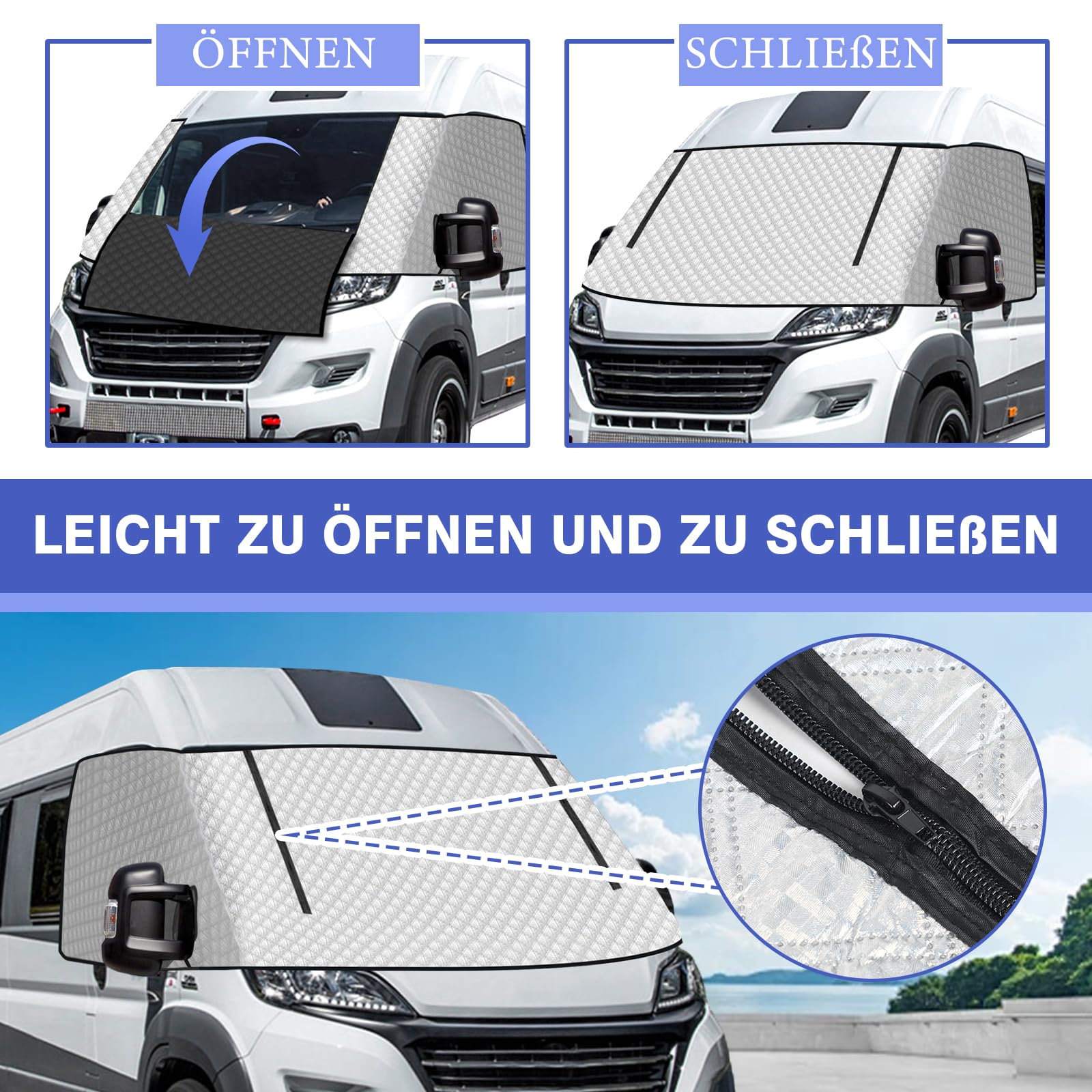 Copri Parabrezza con Cerniera Materassino Termico per FIAT Ducato Peugeot Boxer Citroen X250/290 2006-2024 Protezione Protezione UV Protezione Solare Resistente alle intemperie Tappetino Isolante