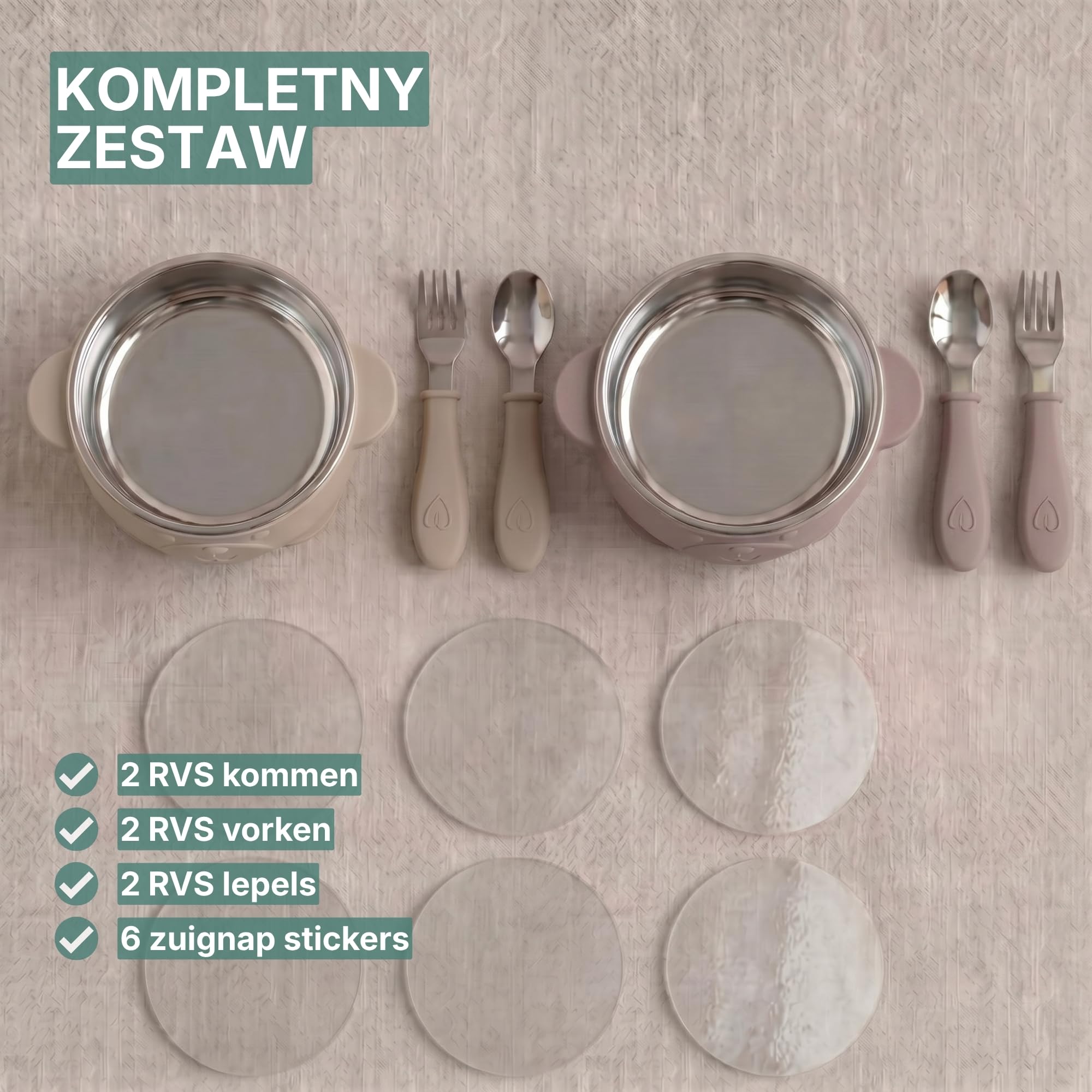 Miseczka Dla Niemowląt Stal Przyssawka 2 szt Sztućce Beż/Róż | Miseczka z przyssawką i sztućcami. 3 naklejki do mocowania. Bez BPA. Od 6 miesięcy. Do zmywarki.