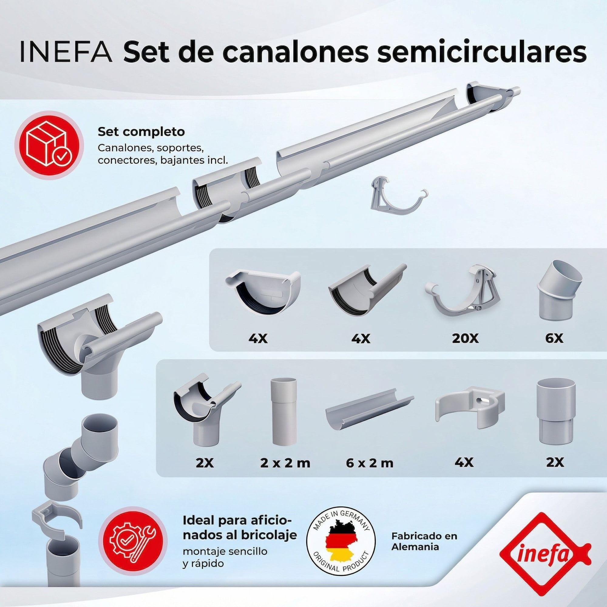 INEFA Set de canalón PVC NW100 100mm semicircular 6m blanco