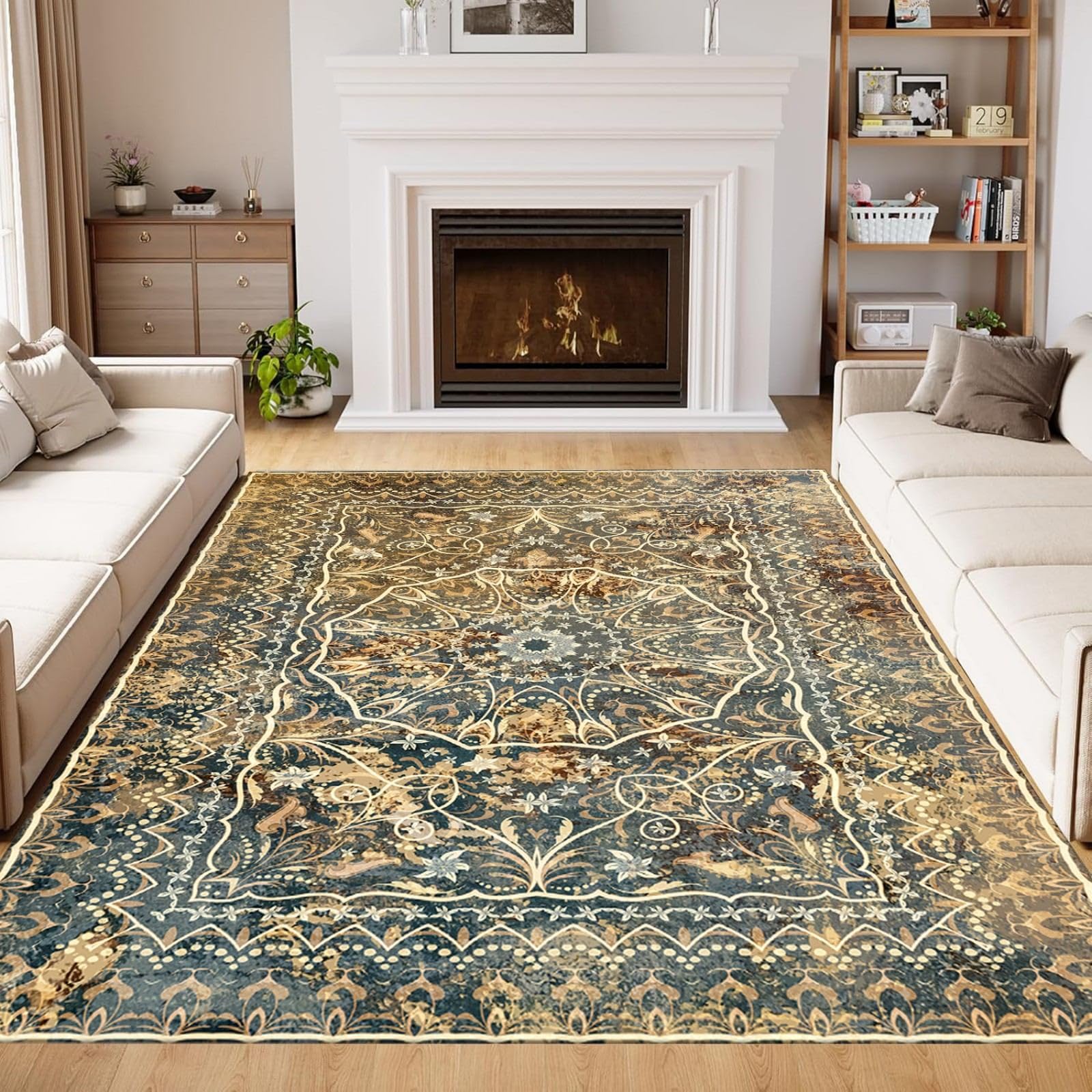 ZLXMN Washable Short Pile Area Carpets For Living Room 80x150cm Soft Backing Non-Slip Classic Rug Large Inside Door Mat Small Rugs for Bedroom Home Office Accent Carpet Yellow Blue