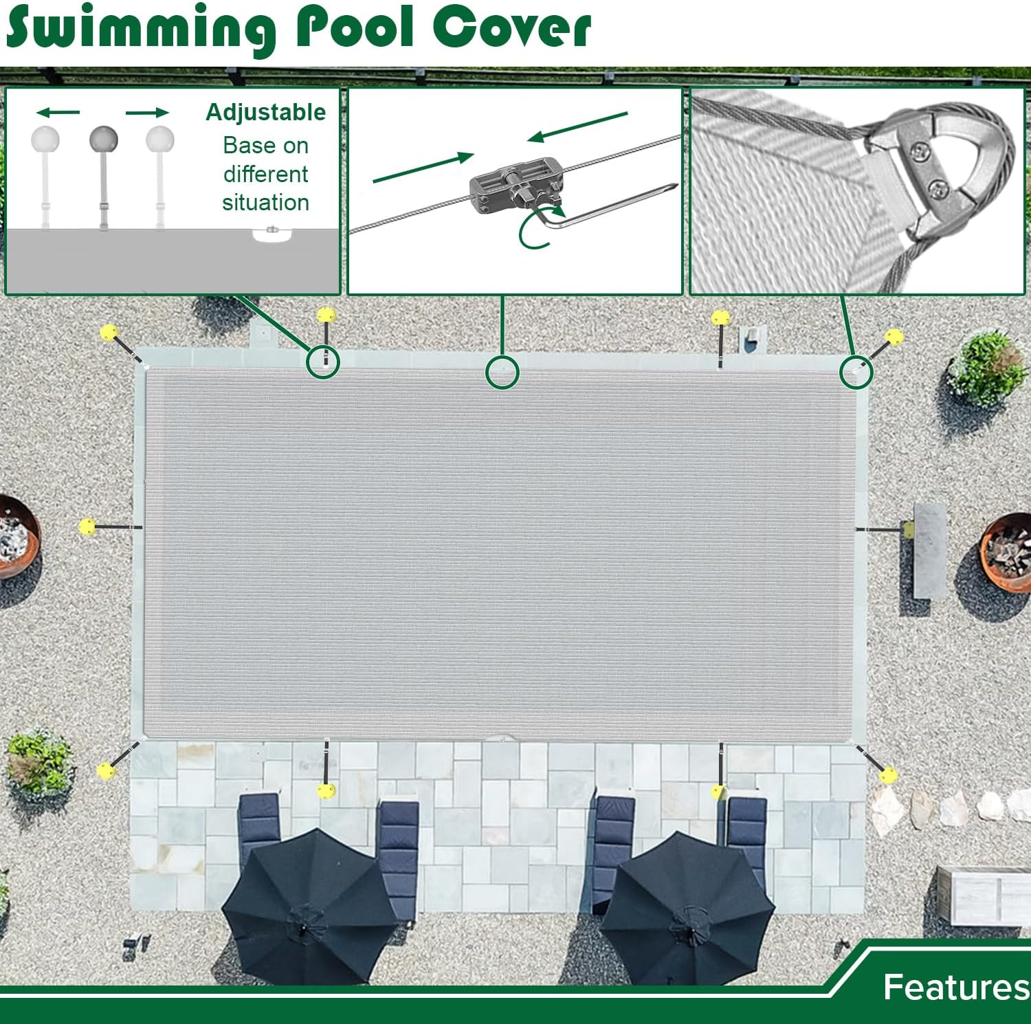 14'x24' Pool Covers for Inground Pools, Rectangle Pool Safety Covers, Summer & Winter Cover for Swimming Pools, Leaf Net Covers Cloth for Outdoor Furniture, Light Gray