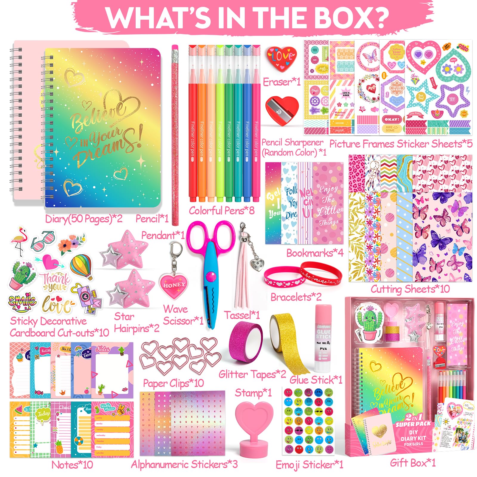 Sunrad Set diario fai da te per bambini, Scrapbook & Diary Supplies Set con taccuino A5, per scrapbook fai da te, kit di cancelleria, regalo per ragazzi 6, 7, 8, 9, 10, 11, 12 anni
