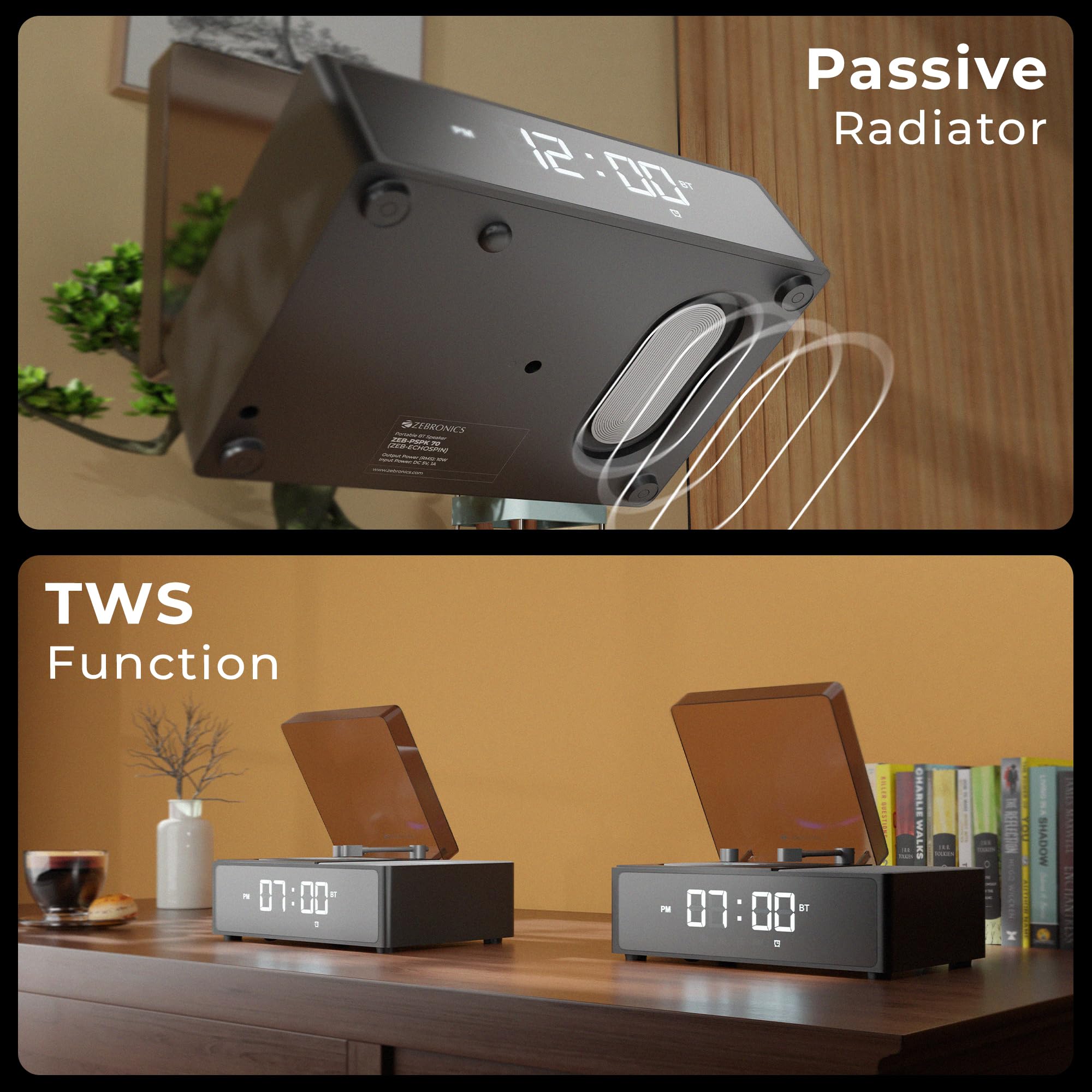Zebronics 10W Portable Bluetooth v6.0 Speaker, Dual 5.2cm Drivers, 9hr Backup, Retro CD Design, 6 Ambient Sound Effects, TWS Support, Passive Radiator, Built-in Clock, Alarm & Call Function (Echospin) — Amazon image 5