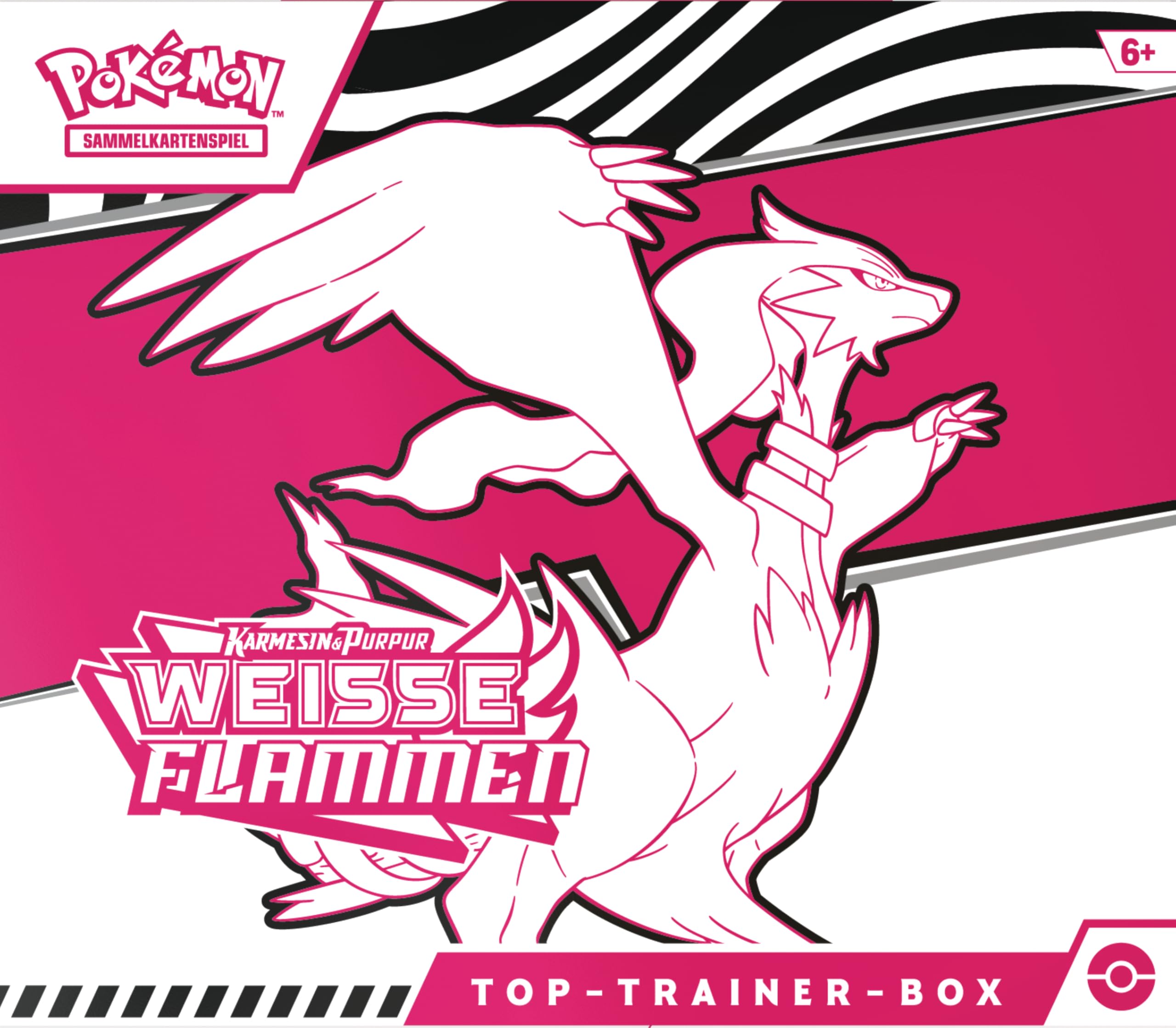 Pokémon-Sammelkartenspiel: Top-Trainer-Box Karmesin & Purpur – Weiße Flammen: Reshiram (1 Vollbild-Promokarte mit Boreos, 9 Boosterpacks & Zubehör)