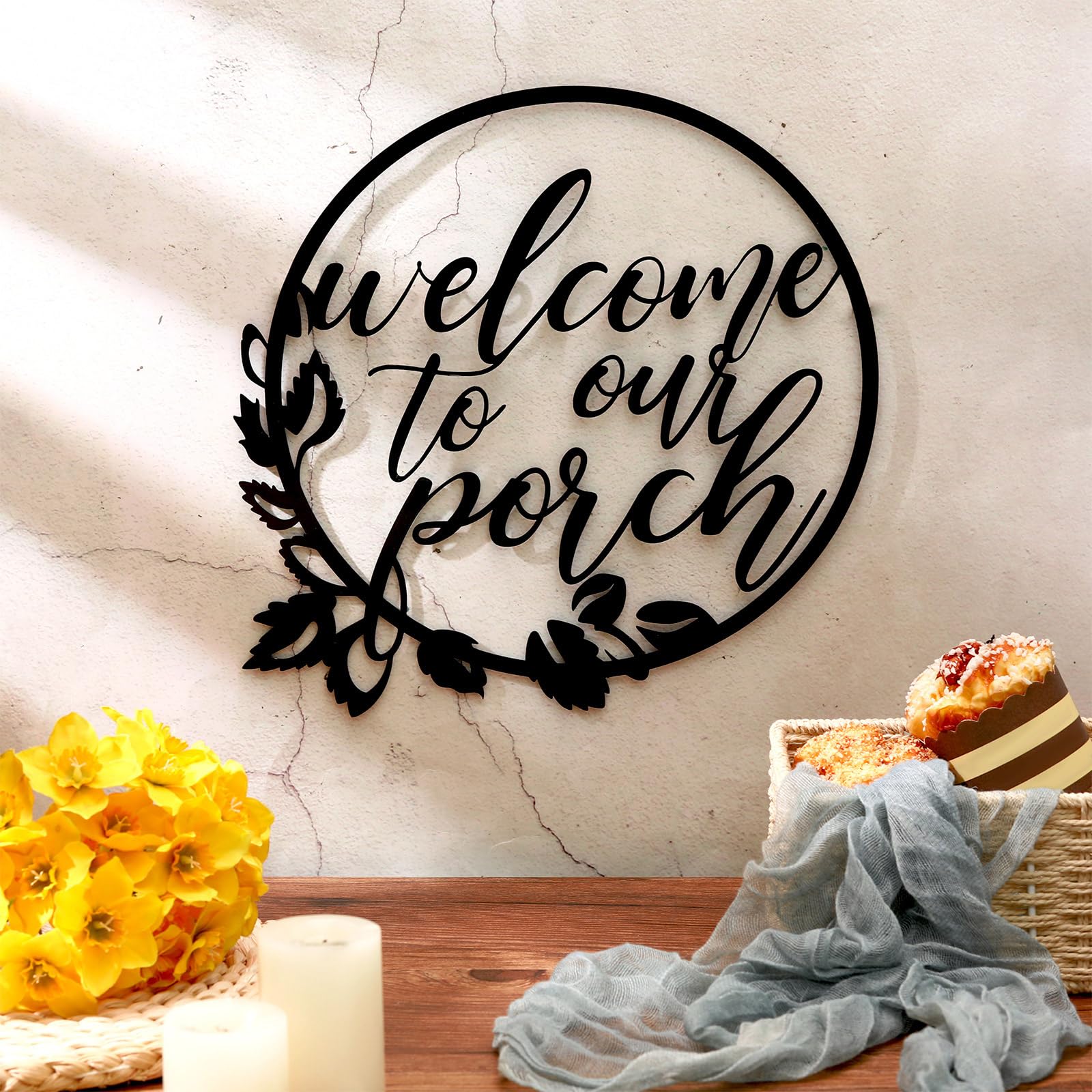 Welcome to Our Porch Metal Sign Black 11.8 Inch Wall Hanging Decor for Kitchen Farmhouse Home Office Wall Outdoor Decoration Supplies