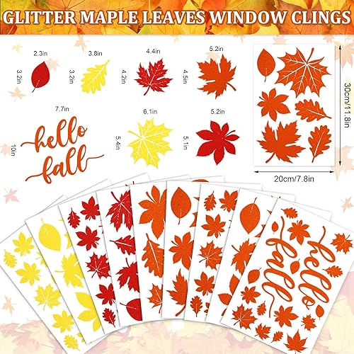 Miniatura 5 de Whaline 105 calcomanías de ventana de hojas de arce con purpurina de otoño, coloridas calcomanías de ventana de doble cara para otoño, cosecha de