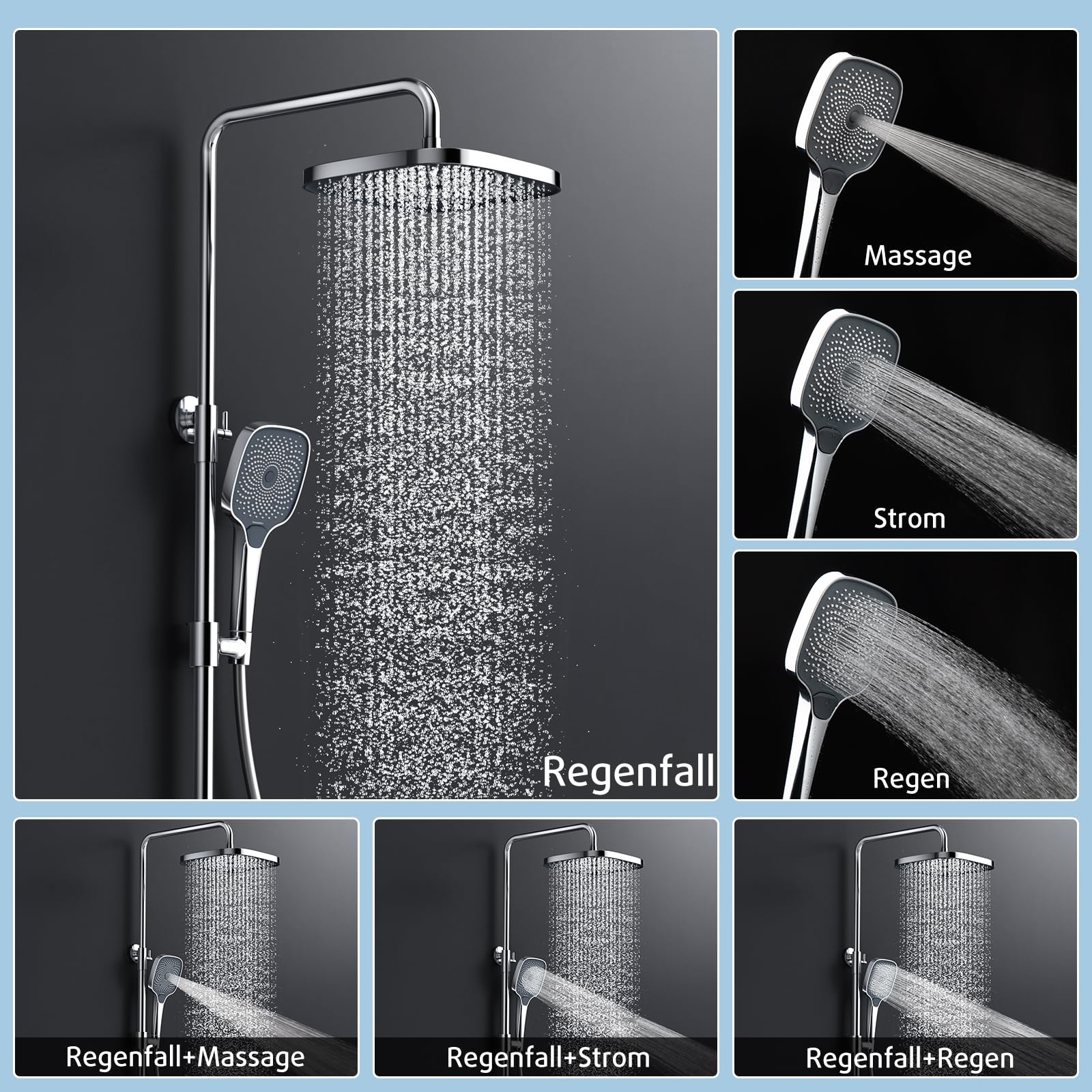 Rainsworth Duschsystem mit Thermostat und Glasablage 26 x 26 cm, Chrom | Ein-Tast-Bedienung & Durchflussregelung Duscharmatur Komplettset, Regendusche, Handbrause 3 Strahlarten -Duschset mit armatur