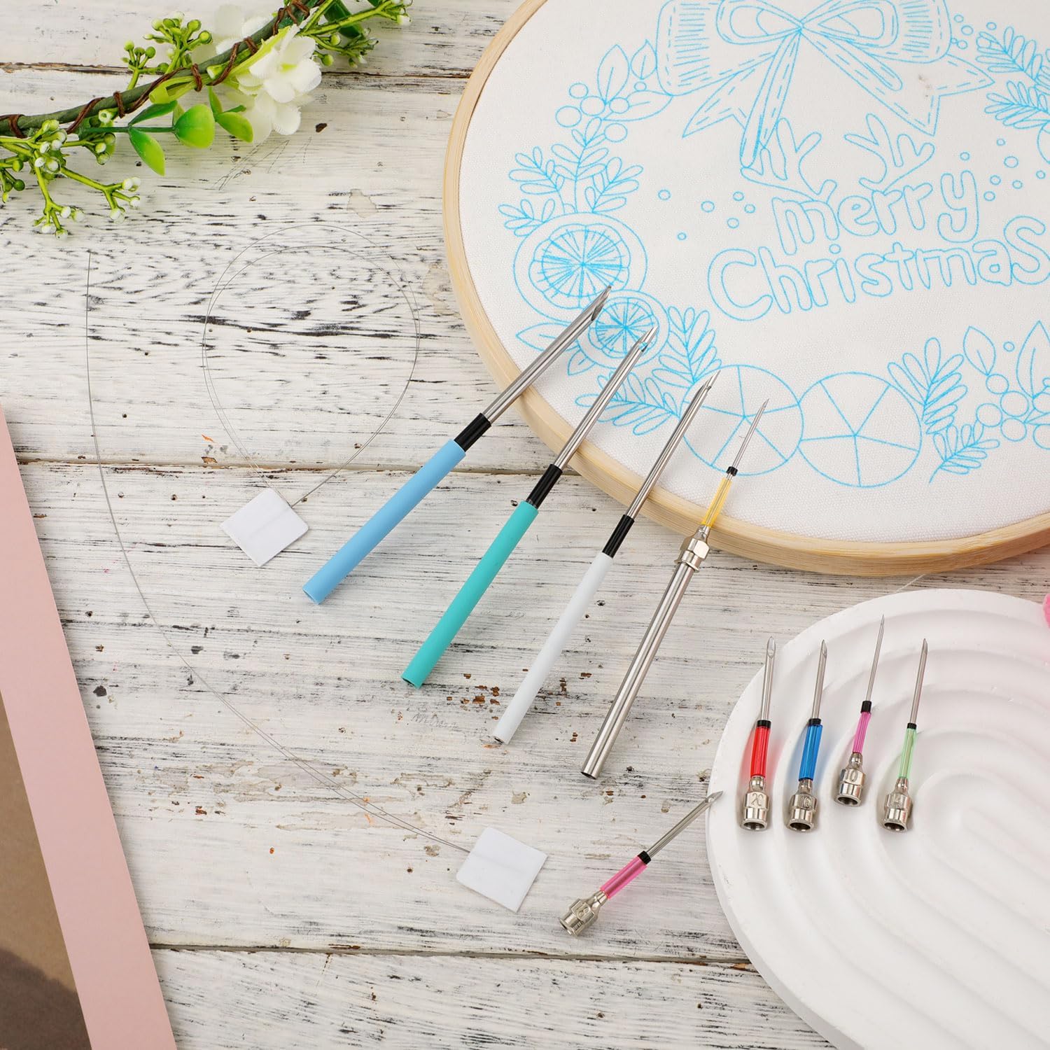 12pcs Punch Needle Kits, Embroidery Needles Set Punch Needle Tool Yarns Sewing Needles with 6 Size Punch Needle Heads for Adults Beginner Floss Cross Stitch Needlework DIY Craft Supplies