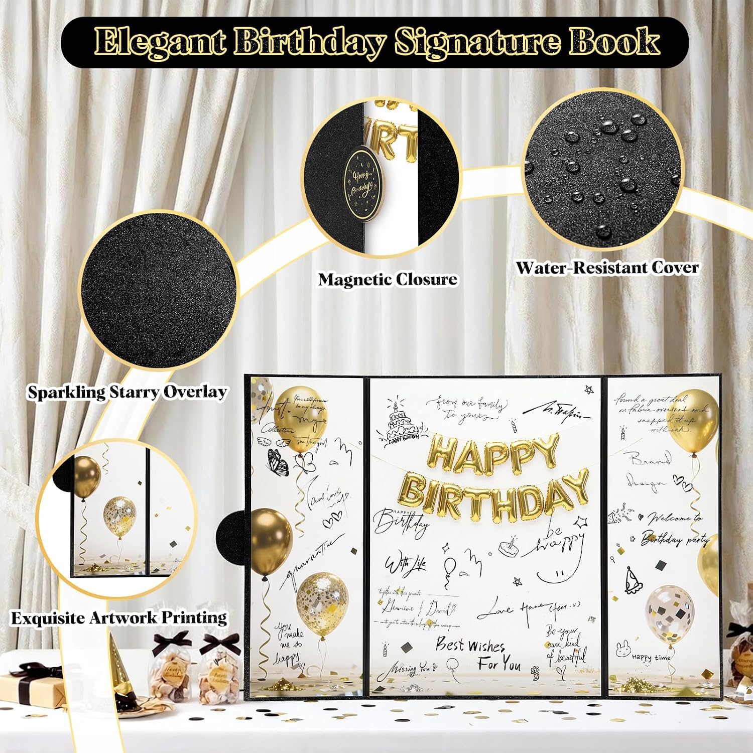 Jumbo Birthday Signature Board, Foldable Guest Book Alternative | Magnetic Closure, Sparkling Cover, 3-Panel Sign-In Book, For Birthday Party Decorations And Messages