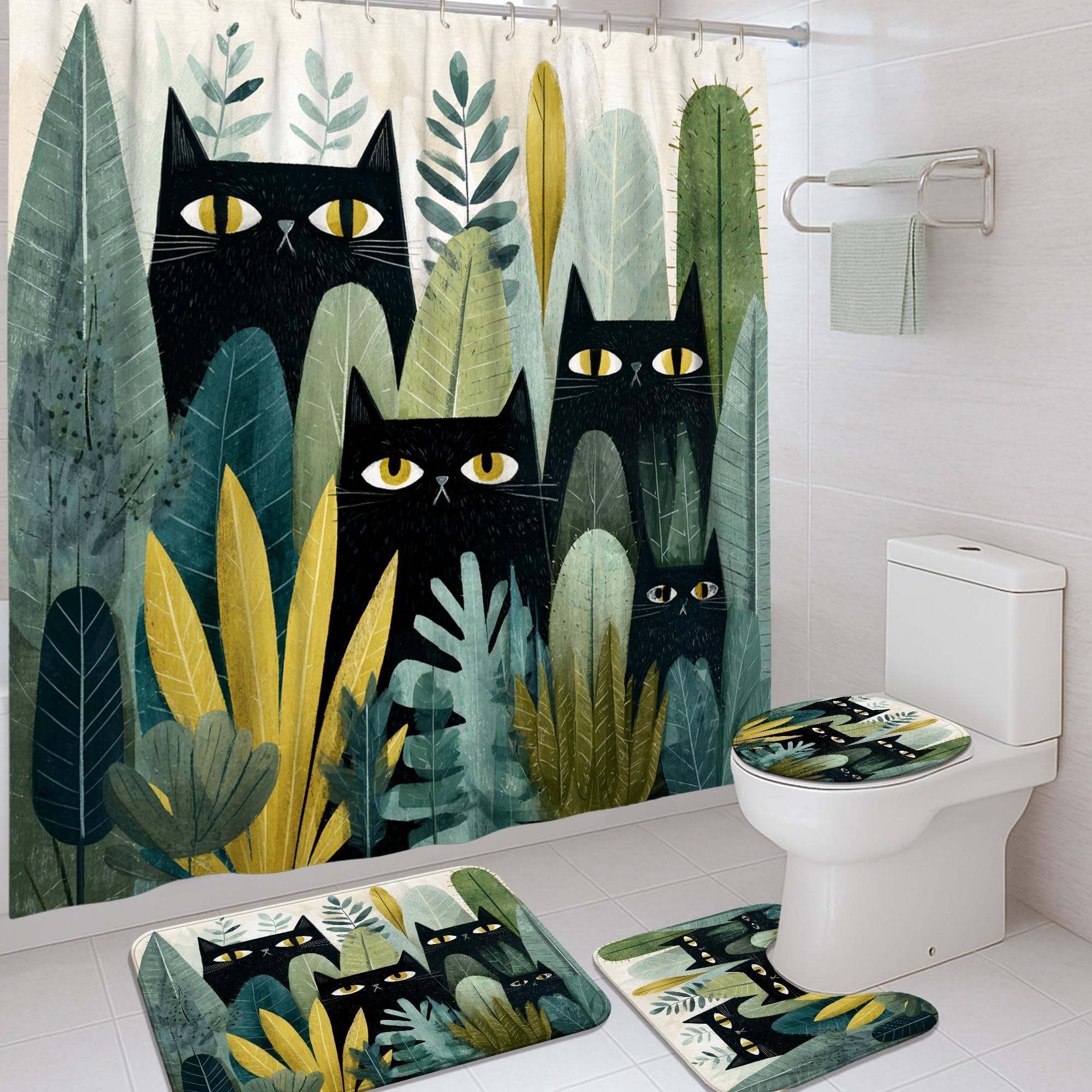 4pcs Cat Shower Curtain Set, Green Yellow Leaf Bath Mat Rugs Accessories for Bathroom Decor, Modern Nature Waterproof Fabric Shower Curtain Set with Hooks 72x72 Inch