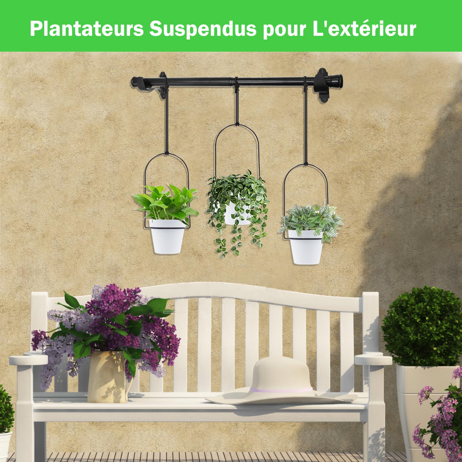 Barre de Pot de Fleurs Suspendus en Métal Réglable pour Plantes Intérieures Extérieures, 58cm Étagère de Plante Murale et Fenêtre avec 3 Pots, Tige de Support de Plante Salon Balcon Jardin