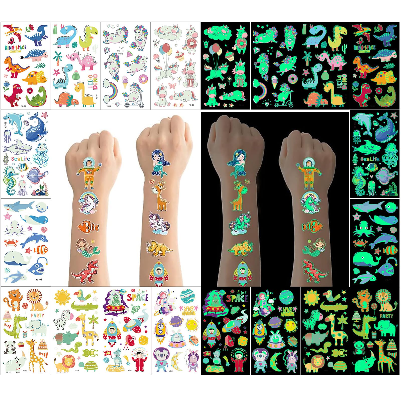 FENDOUNIU Luminous Temporary Tattoos for Kids, Waterproof Glow in the Dark Fake Tattoos Stickers with Unicorn, Dinosaur, Space, Mermaid, Sea, Animals for Boys and Girls 350pcs (30 Sheets)