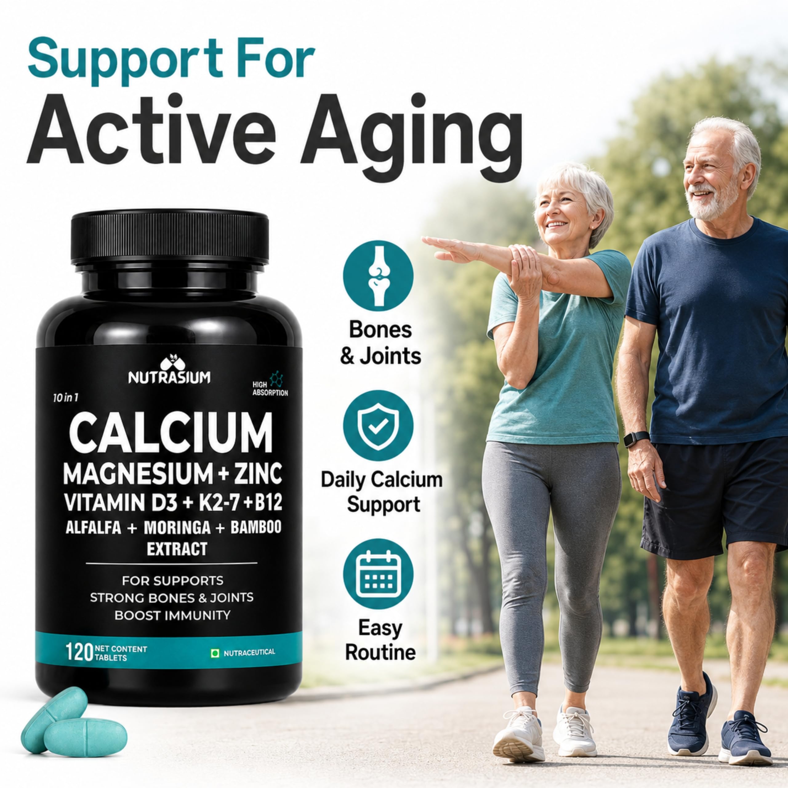 Nutrasium Calcium Magnesium Zinc Tablets with Vitamin D3, Vitamin K2-7 & Vitamin B12 | Alfalfa, Moringa & Bamboo Extract | High Absorption Daily Mineral & Vitamin Supplement | 120 Tablets 1