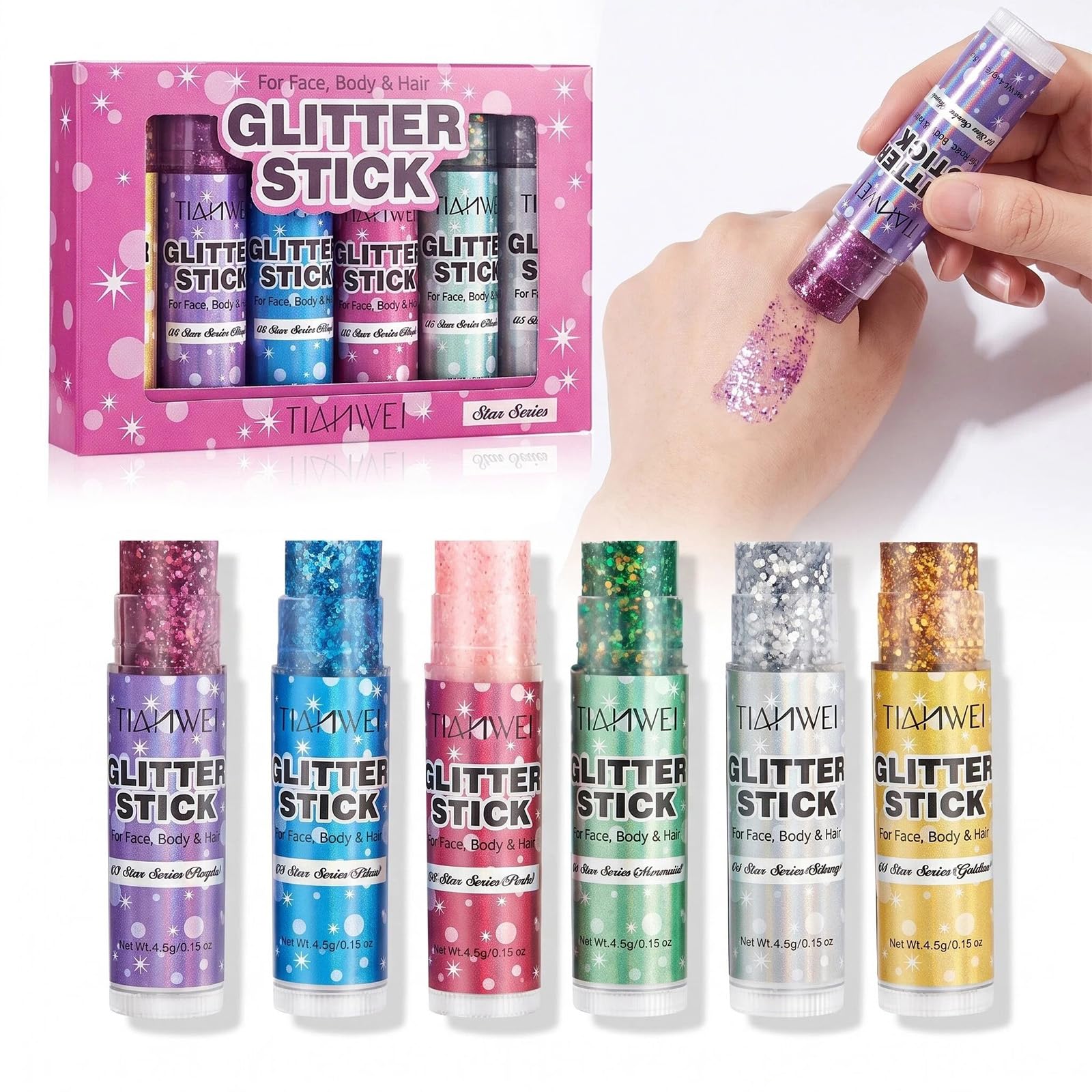 Glitter Stick Set, 6 Colors, 0.15 oz Each, for Face, Body and Hair