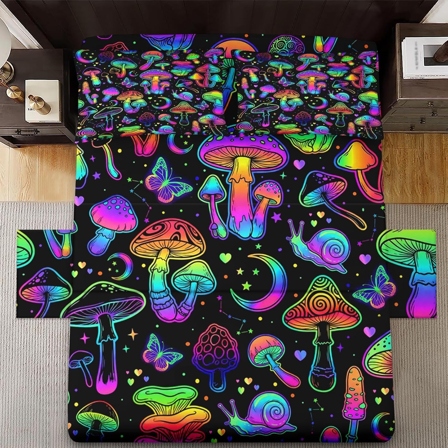 WeCozy Queen Size 4 Pcs Bed Fitted Sheet Set with 14" Deep Pocket, Black Purple Flat Sheet Set for Kids and Adults, Colorful Neon Mushroom Bedding with 2 Pillowcases