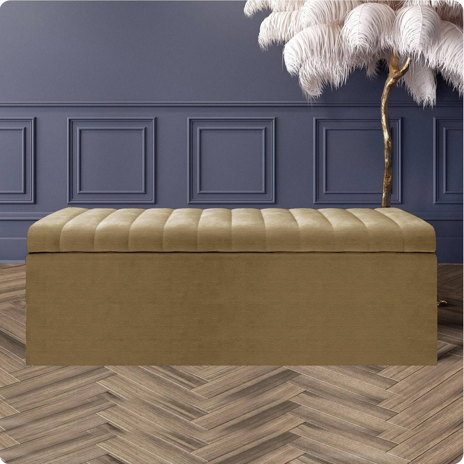 Naples Velvet Ottoman Storage Box, Upholstered Blanket Box with Hinged Lid, Bedroom Storage Ottoman, End of Bed Storage Bench, Padded Ottoman Storage Seat for Living Room & Hallway