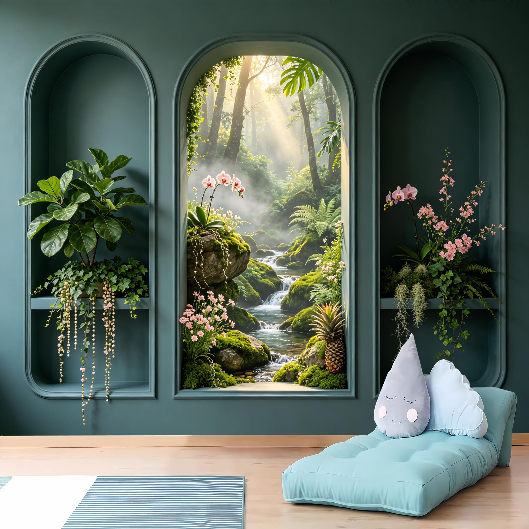 Custom Size Wall Murals 3D Teal Arched Window View to Misty Forest Waterfall Wall Murals Self-Adhesive Wall Fabric (NO PVC) Removable Wallpaper for Living Room