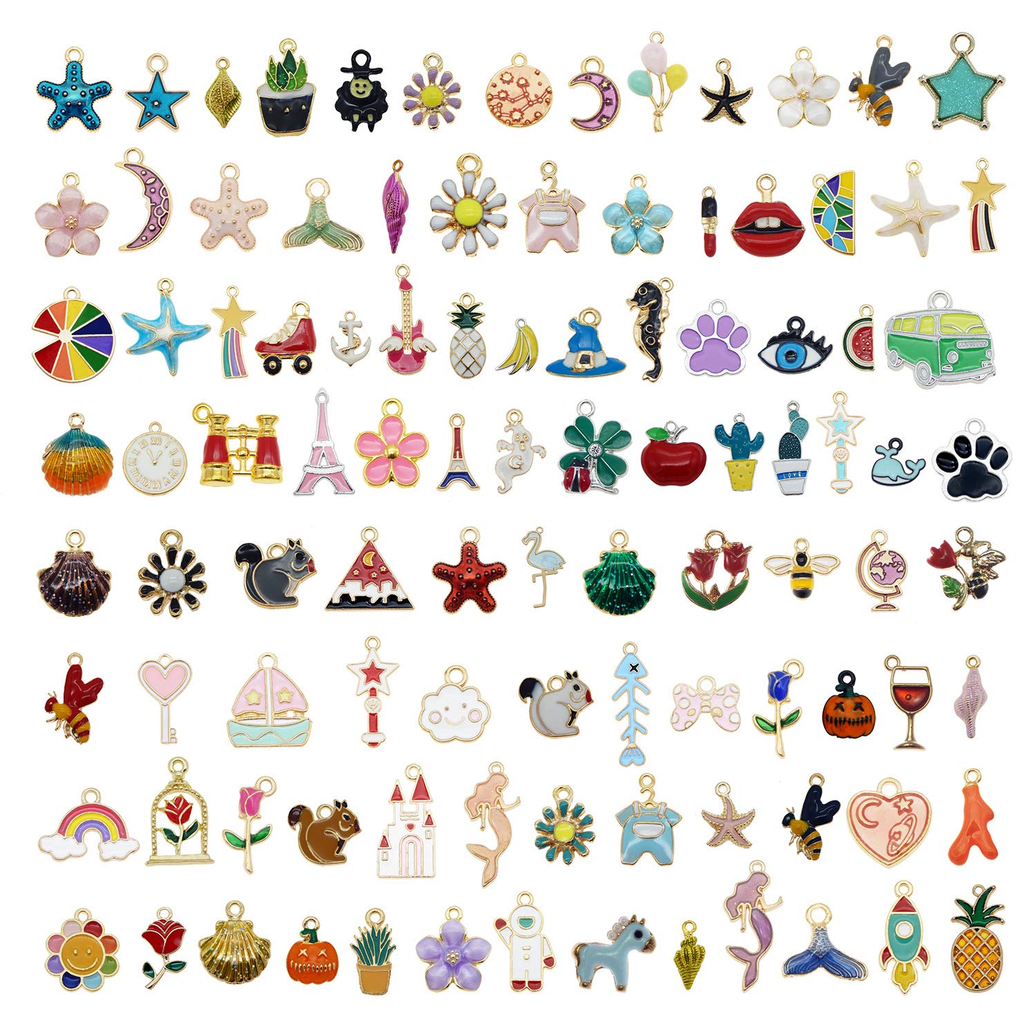 Julie Wang 100Pcs (50 works) Enamel Charms Bulk for Jewellery Making Assorted Pendants Mix Flower, Fruits, Mermaid - Image 2