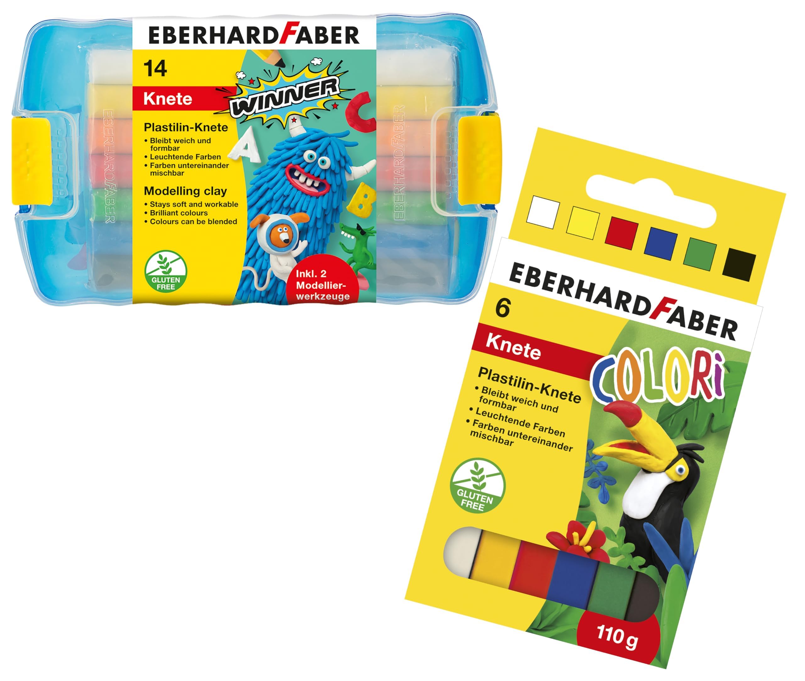 EBERHARD FABER 572010 - Plastilin Knete Winner, 14er Kunststoffbox mit 7 leuchtenden Farben und 2 Modellierwerkzeugen (14er Kunststoffbox + 10 Rollen Ersatzknete)