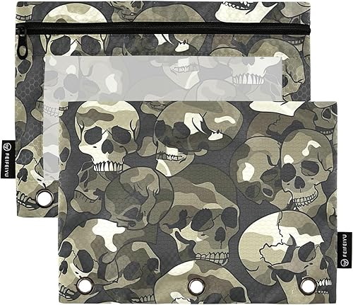 Qilmy Bolsillo de camuflaje verde a la moda, paquete de 2 bolsillos con cremallera con ventana transparente, 3 bolsillos para carpetas de anillos