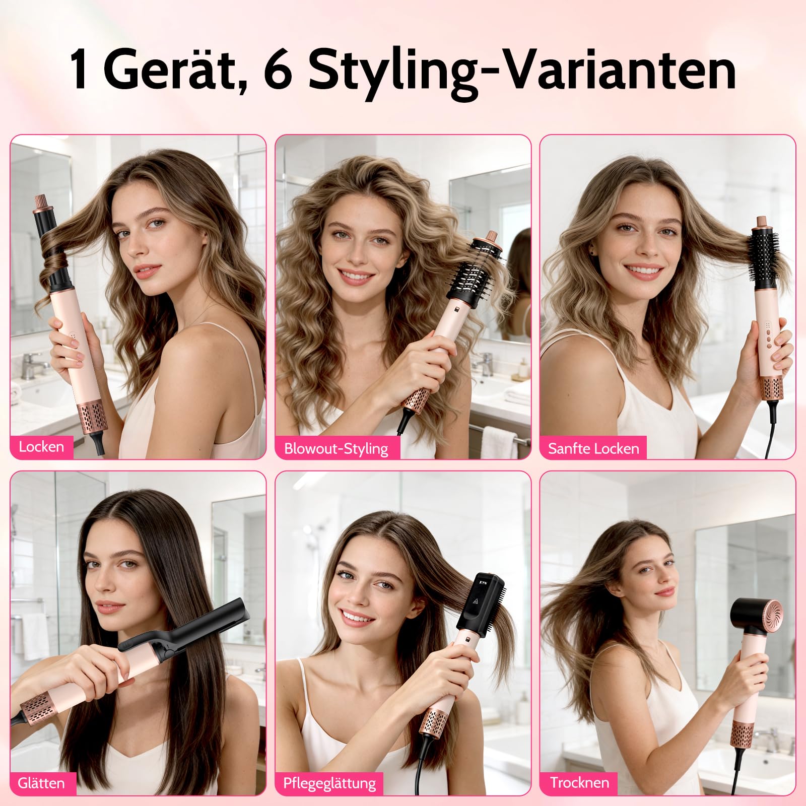 6 in 1 Hairstyler,1400w Hochgeschwindigkeits Airstyler rundbürstenföhn mit Lockenstab Automatisch, Warmluftbürste, Glättbürste,Haarstyler für Trocknen, Locken, Glätten, Volumen