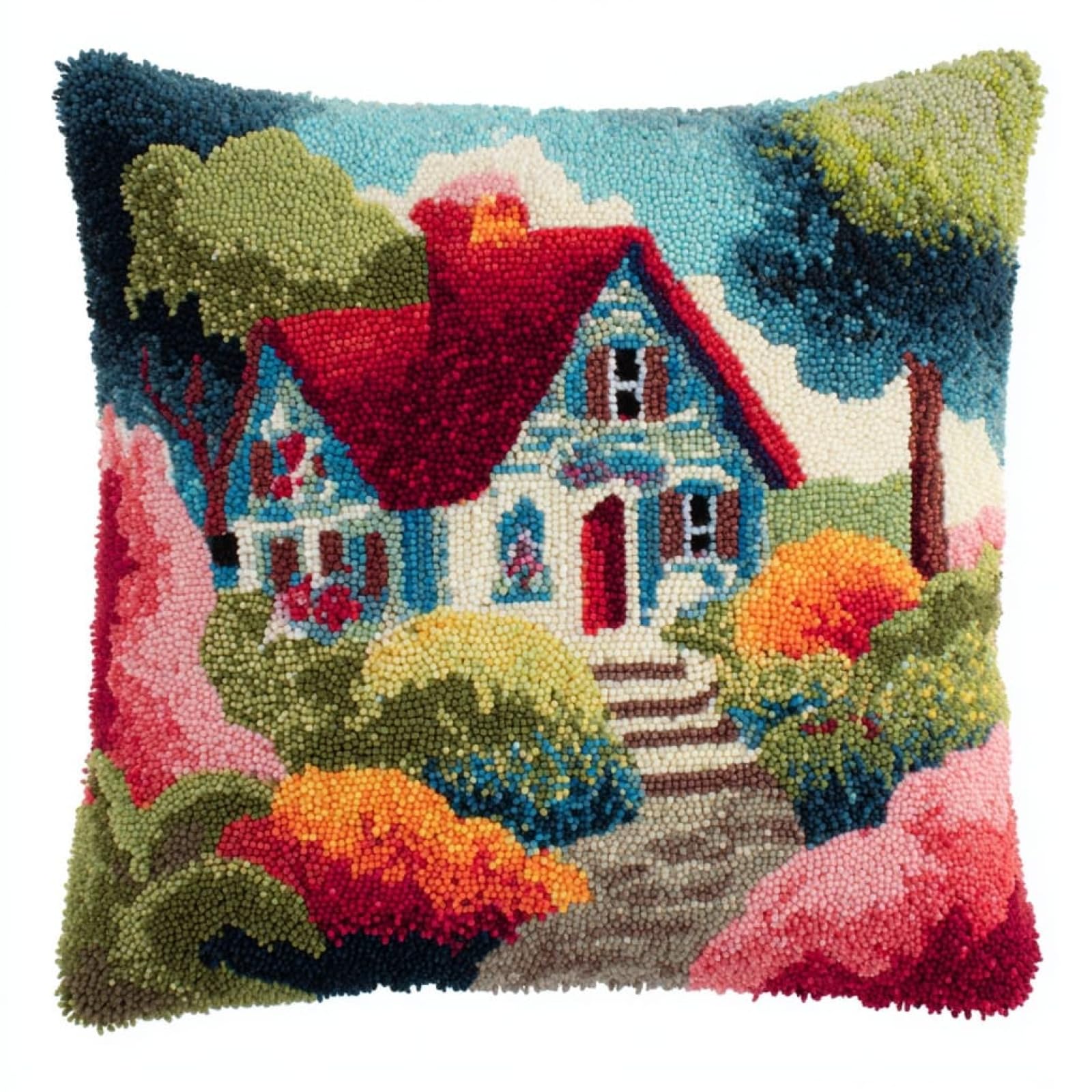 AxiangziK Latch Hook Pillow Making Kit 43x43cm,Garden Cottage Complete Set with Hook Tool & Instructions - Sofa Cushion Cover DIY Craft for Adults
