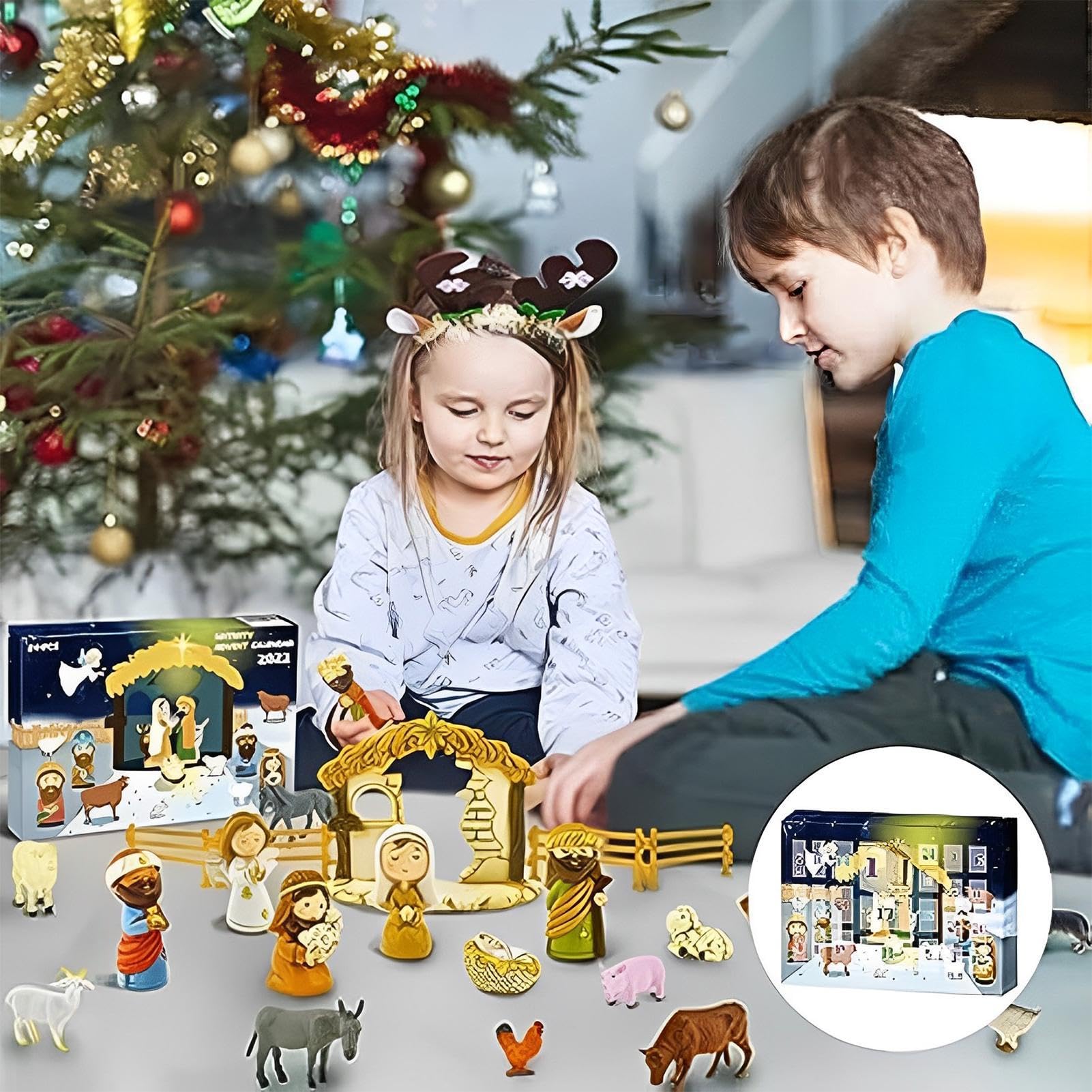 Weihnachtskrippe,Adventskalender 2024 Adventskalender für Kinder aus | Kreative Feiertags-Adventskalender-Sammelfiguren für Wohnzimmer und Schlafzimmer Wei