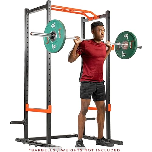Sunny Health & Fitness Power Zone Strength Rack Power Cage - 1000 LB Weight Capacity, Spotter Bar, Angled Pull-Up Bar, J-Hooks, Resistance Band Pins, Optional LAT Pull Down