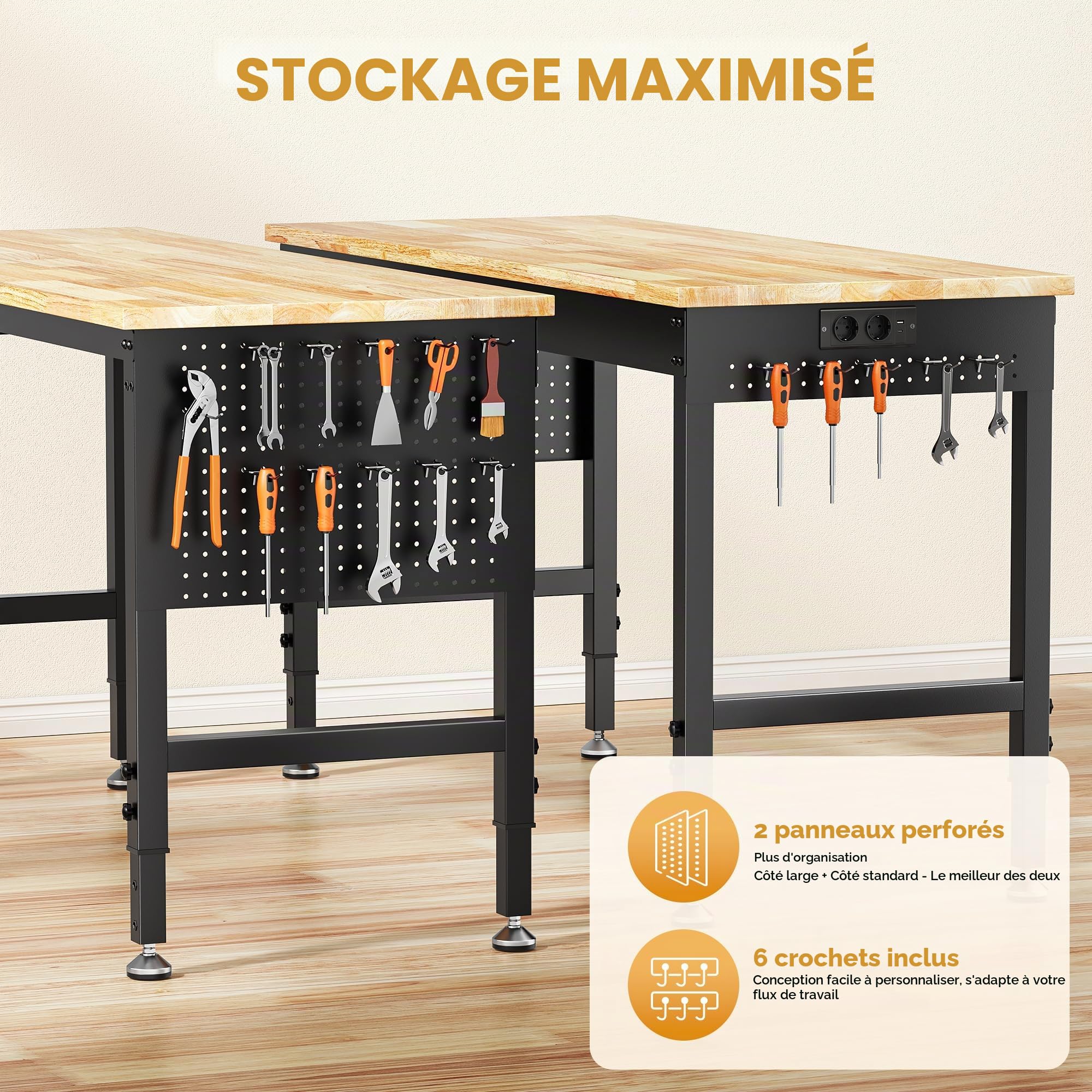 Établi Atelier Garage 152 x 55 cm, Table de Travail Robuste en Bois de Caoutchouc Massif, Capacité 907 kg, 6 Hauteurs(72-99 cm), Panneau Latéral Perforé avec Multiprise, pour Garage (152 x 55 cm)