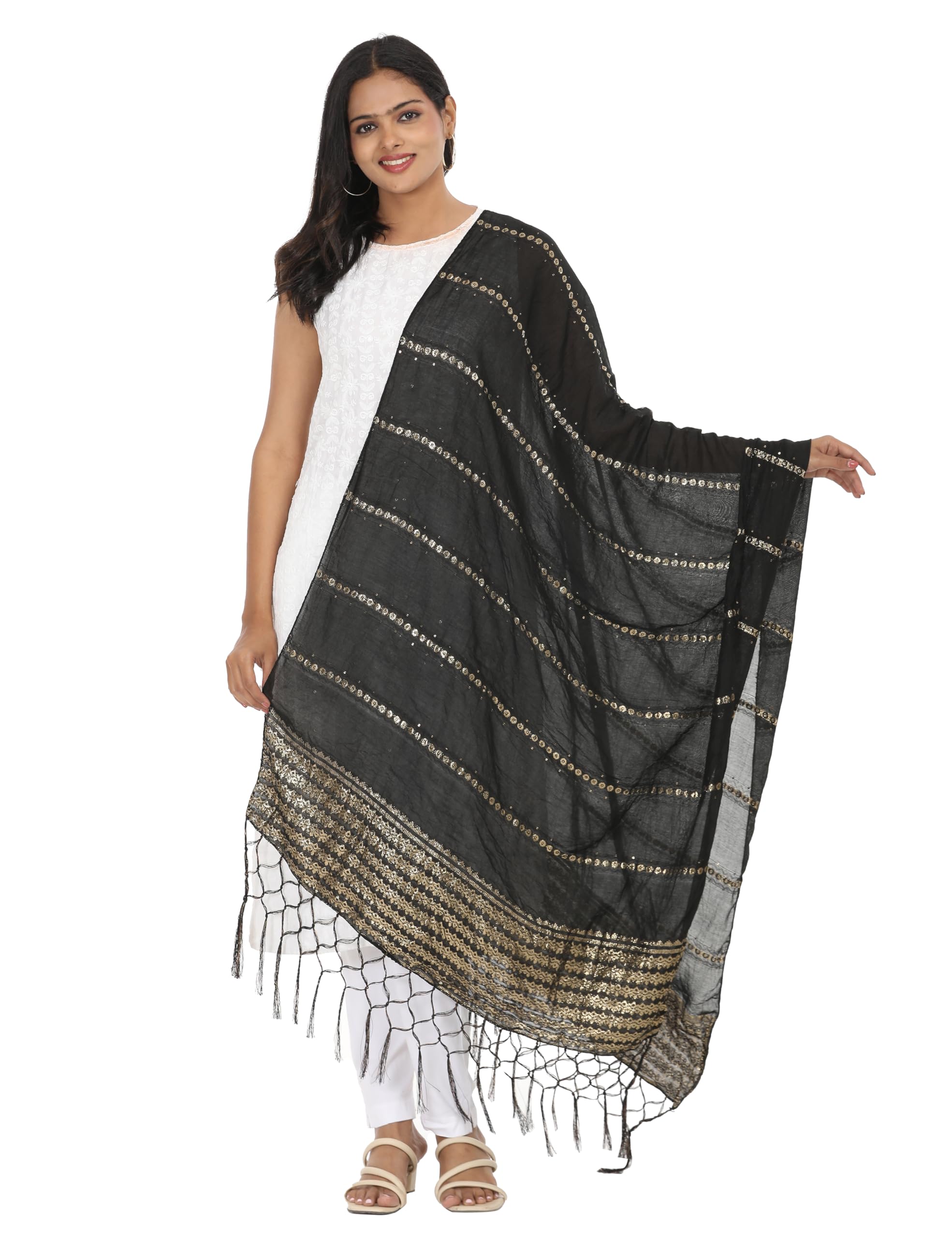hella fashions Women's 2.25 Meter Viscose Rayon Dupatta, Premium Design with Gold Zari Border and Zhalar Lace on Both Sides-picture-10