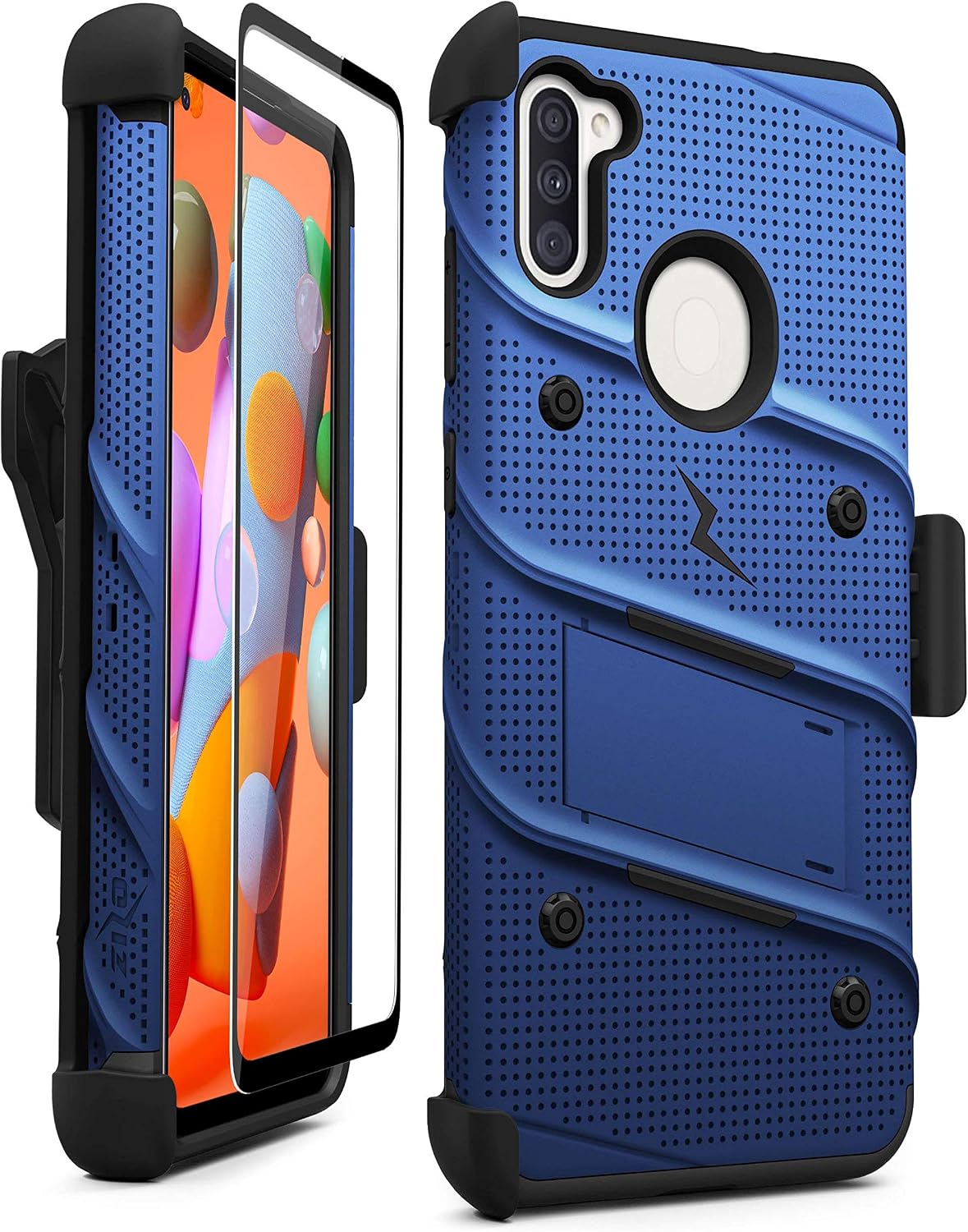 ZIZO Bolt Series Samsung Galaxy A11 Case with Screen Protector Kickstand Holster Lanyard - Blue & Black