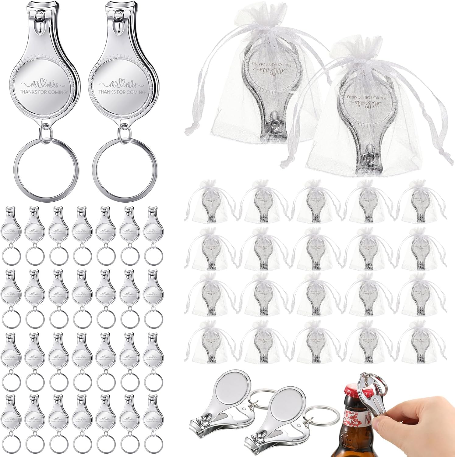 Ecally 100 Sets Silver Nail Clipper Keychain Bottle Opener