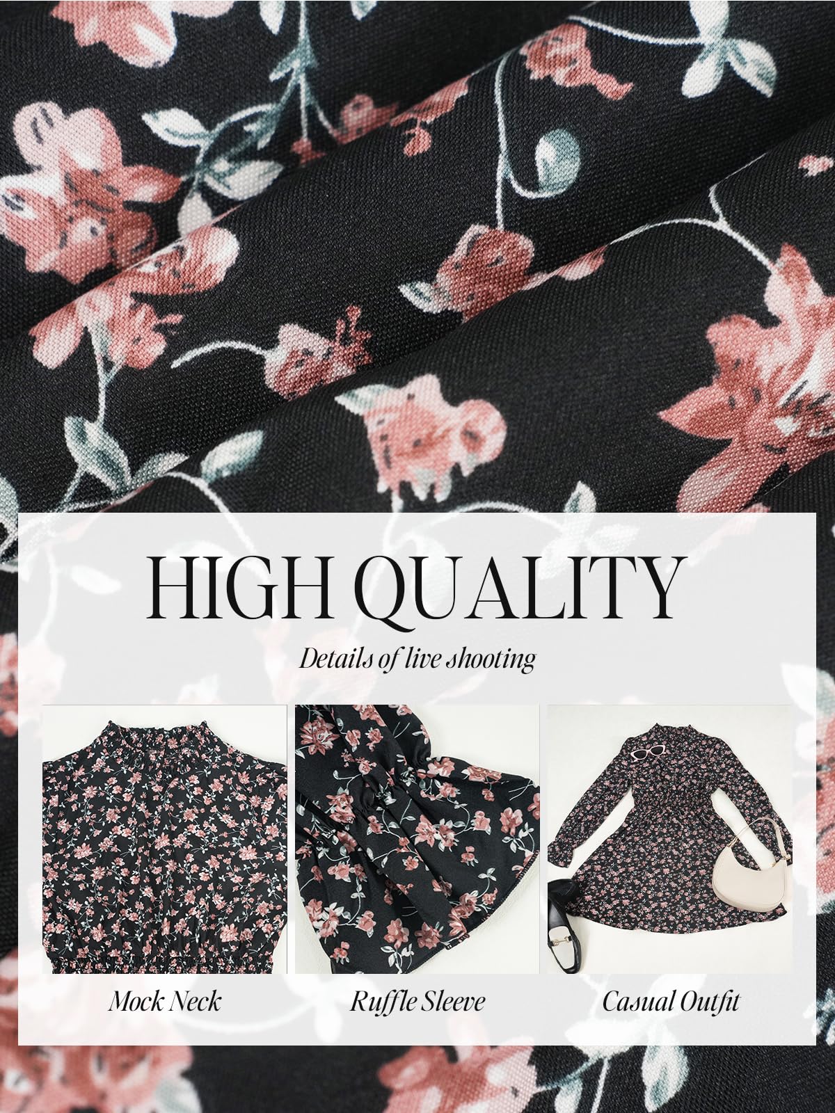 CUPSHE Minivestido floral de cuello alto para mujer, manga larga con volantes, cintura elástica, fruncido, casual, con vuelo
