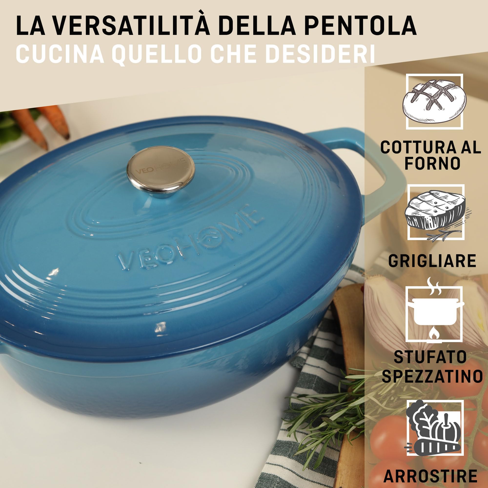 Casseruola in ghisa smaltata VeoHome Blu 6L Ovale, Robusta, Compatibile con Induzione / Gas / Forno, Cottura Omologa, Sapori Autentici, Coperchio in Rilievo