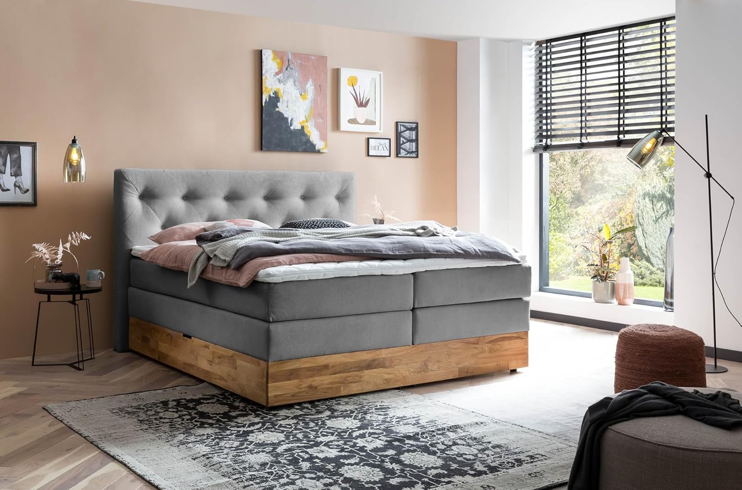 Product image of Belanoti MARBO Boxspringbett 180x200 mit Bettkasten 7-Zonen Taschenfederkern Matratze inklusive Visco Topper Bett 180x200 Eiche in der Farbe Anthrazit H2/H3 Polsterbett mit Massivholz Eiche