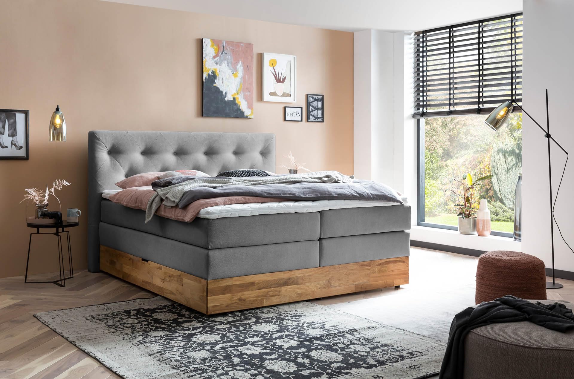 Belanoti MARBO Boxspringbett 180x200 mit Bettkasten – Eiche Anthrazit, 7-Zonen Taschenfederkern, inkl. Visco Topper