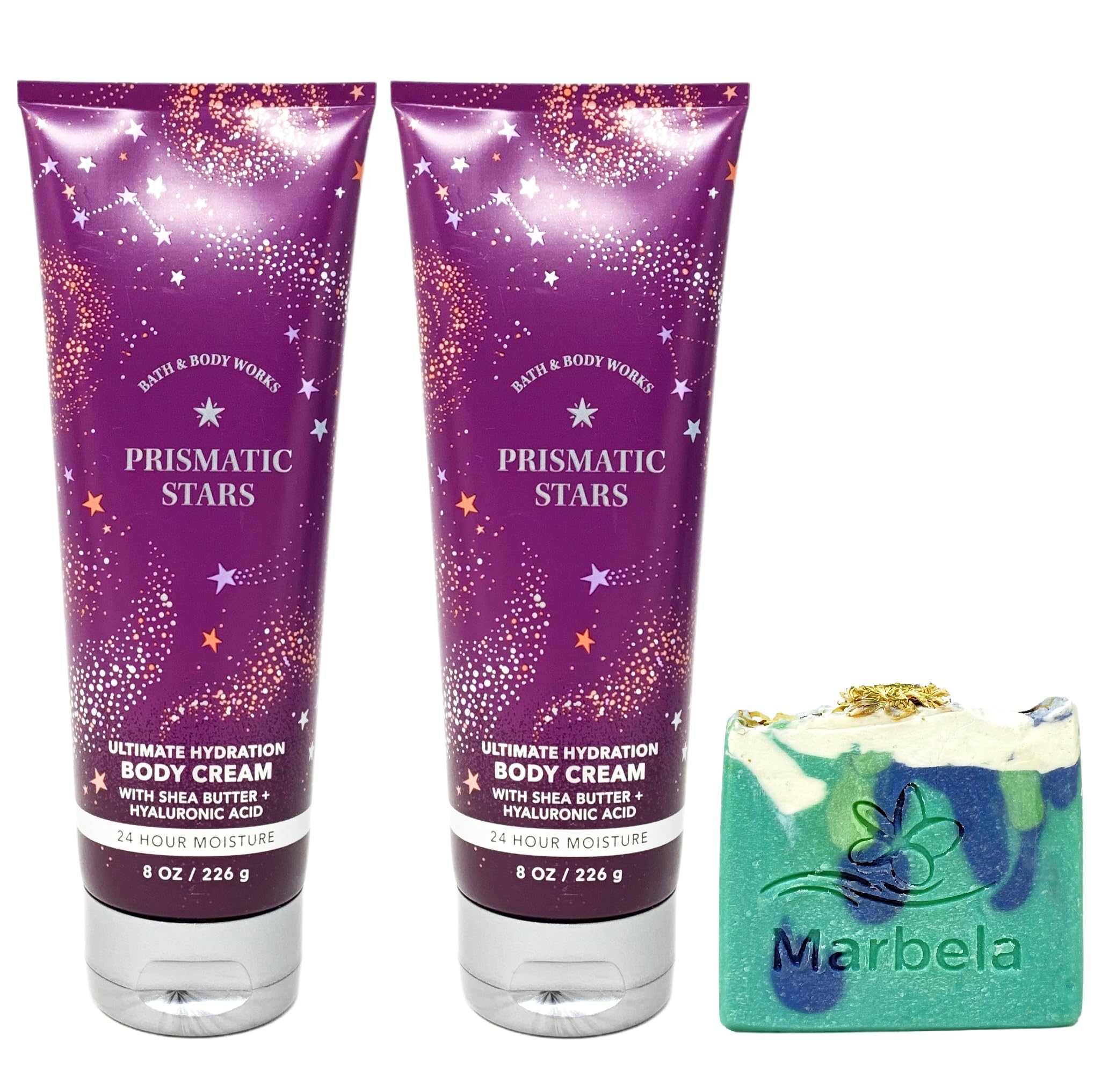 Bath & Body Works Prismatic Stars 2 Pack Body Cream Bundle with an Aloe Vera Bar Soap - Full Size